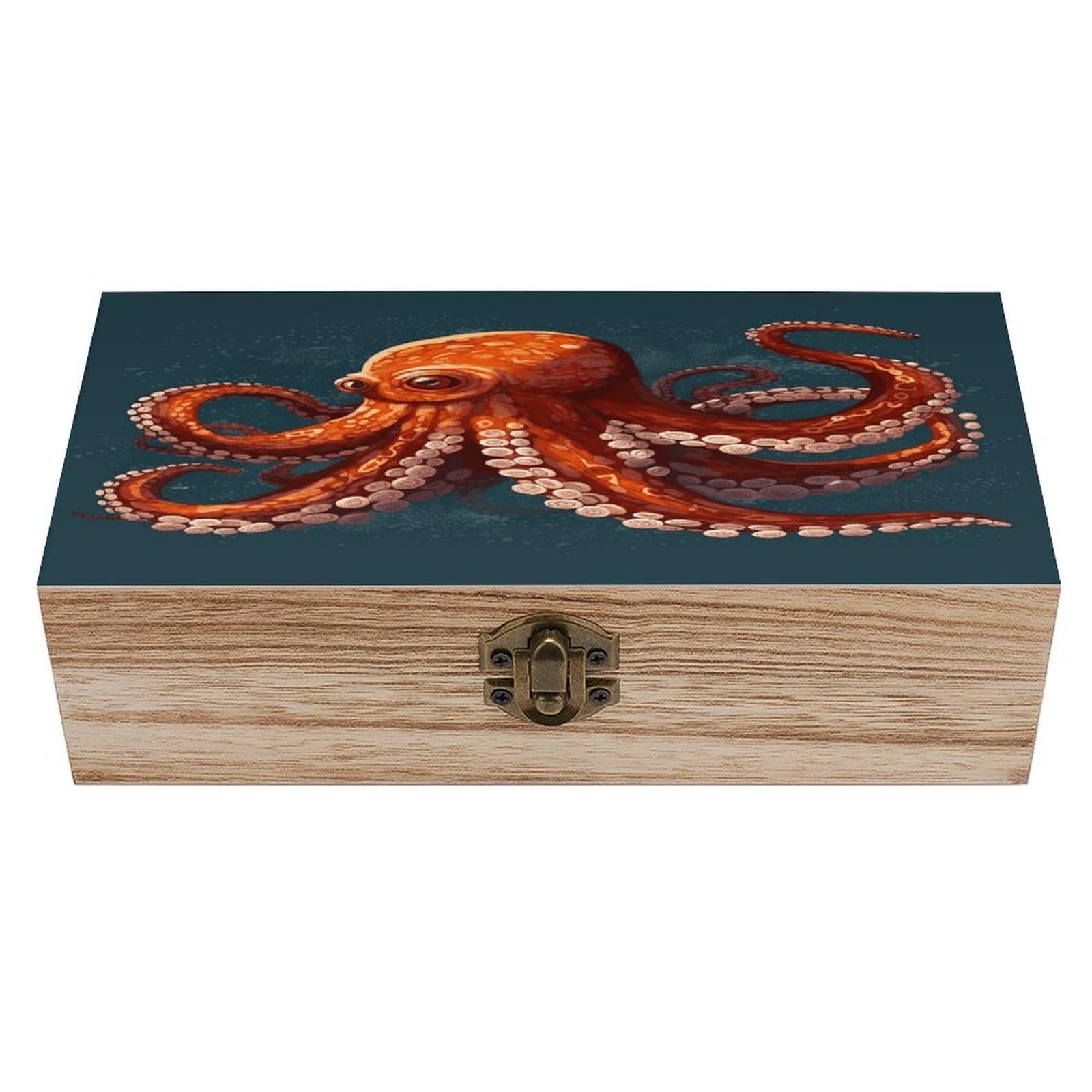 JTREHY Animal Octopus Wooden Keepsake Box Vintage-Style Wood Keepsake Case with Hinged Lid Solid Wood Boxes Beautifully Memory Treasure Case Vintage-Style Wooden Storage Box