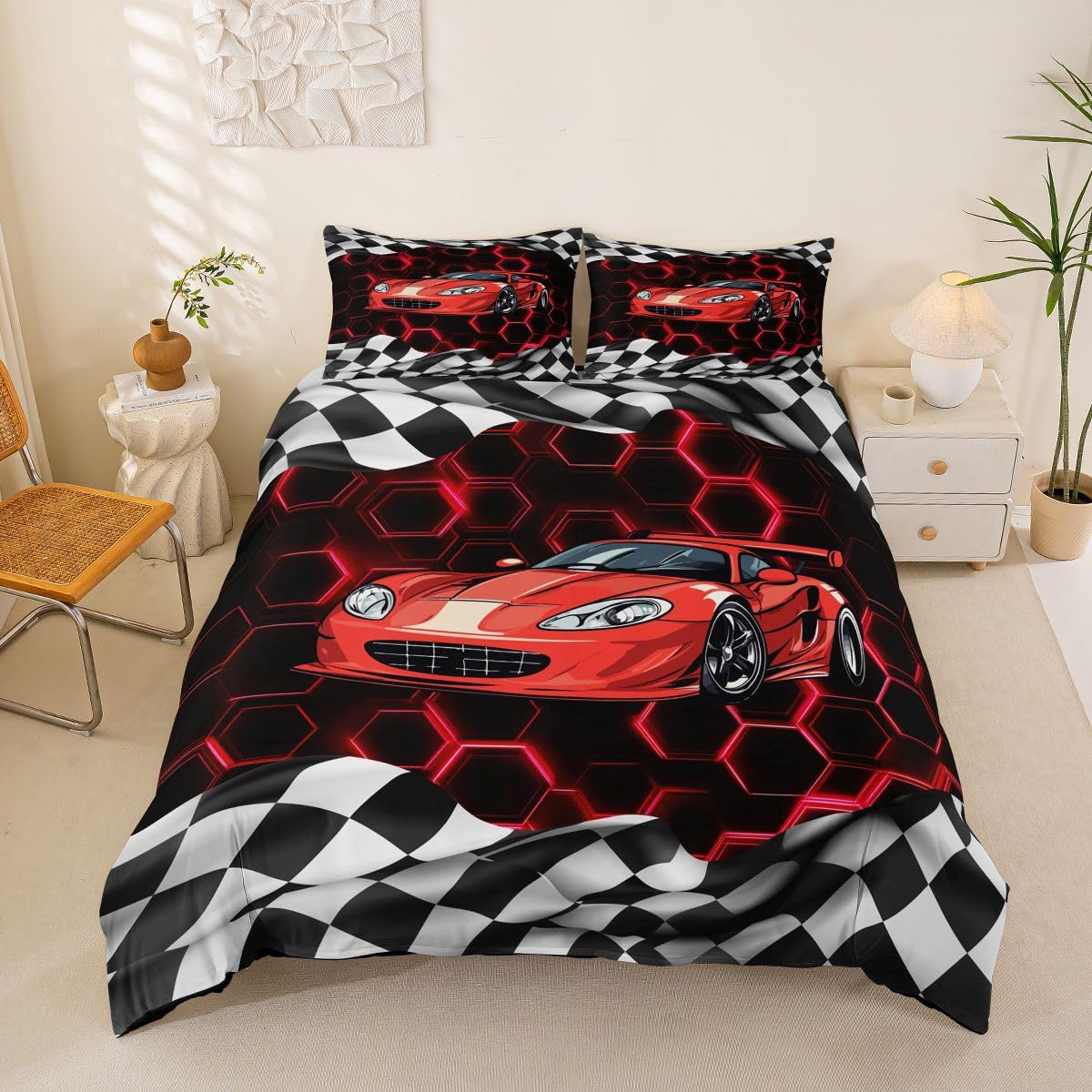Homemissing Red Honeycomb Race Car Duvet Cover Set King Size For Kids Boys Girls Speed Sports Car Bedding Set Racing Flag Duvet Cover with 2 Pillowcases Geometric Bedding — image 1