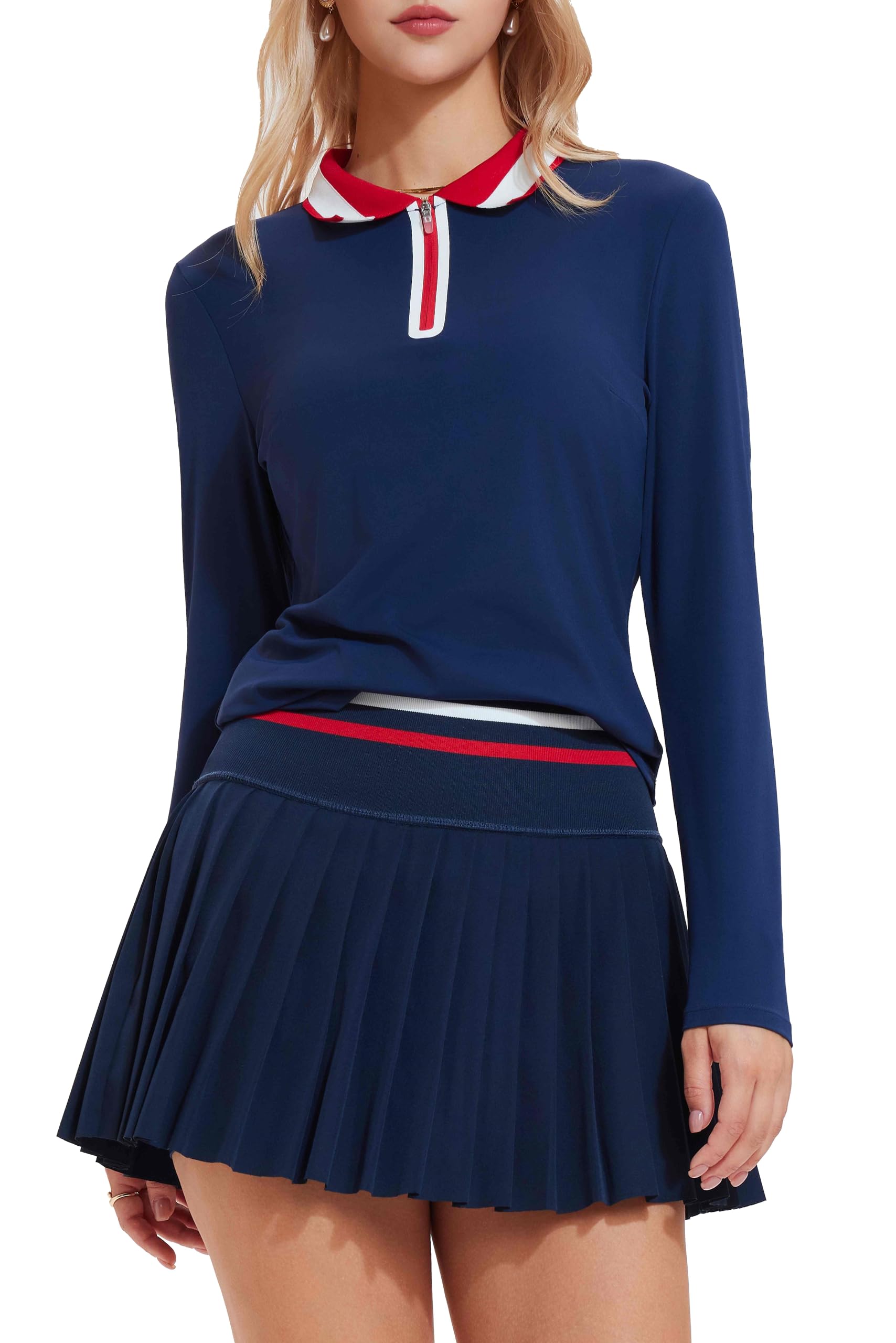 Tennis Skirt Sets for Women Zipper Color Block High Waisted Golf Polo Two Piece Skirt Set Women 2 Piece Outfits