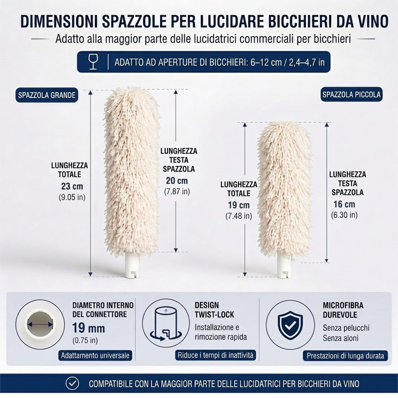 Spazzole per Lucidatrice per Bicchieri, Set da 8 Ricambi in Microfibra, Spazzola Asciuga Bicchieri per Lavabicchieri da Ristorante, Finitura Brillante,Bianca