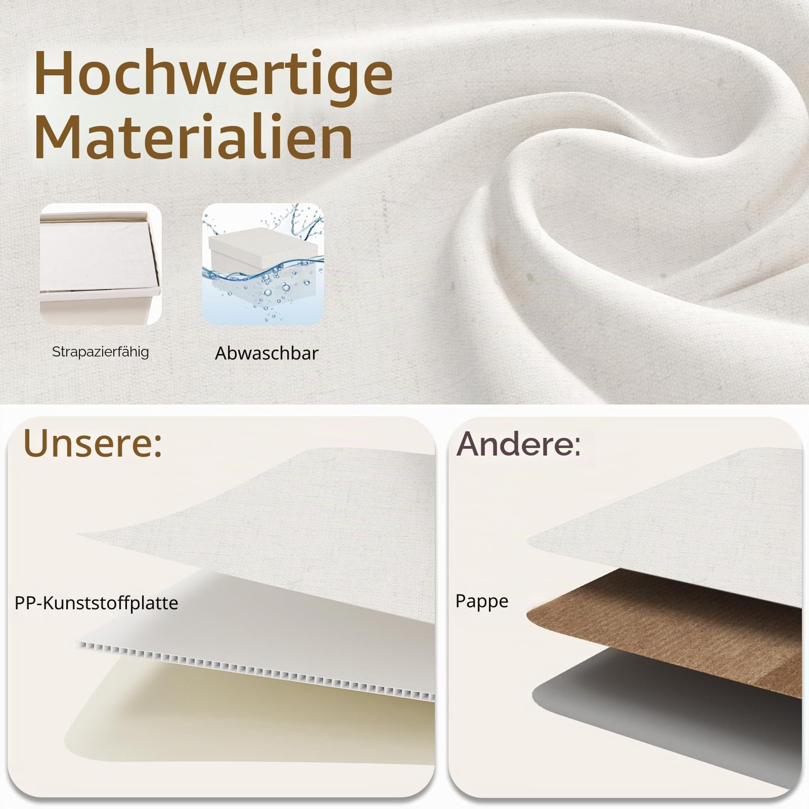 Faltbarer Aufbewahrungsboxen aus Stoff,42x30x26cm,Beige,3 Stück