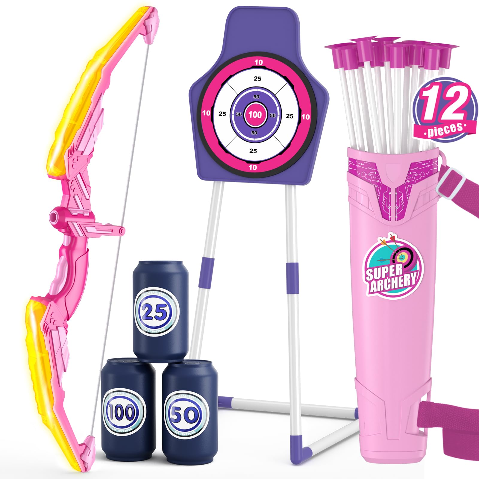 Bow and Arrow for Kids, LED Light Up Archery Set with 12 Suction Cup Arrows, 1 Standing Target, 3 Score Targets & 1 Quiver, Indoor Outdoor Sport Gifts for Boys Girls Ages 4-12, Yellow