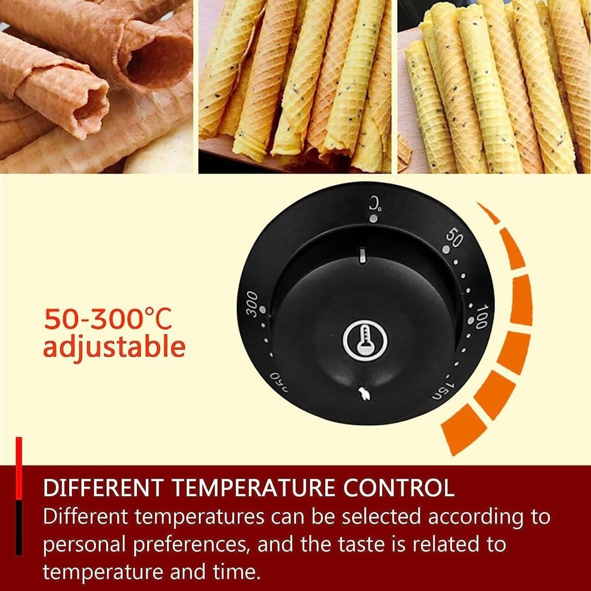 Commercial Ice Cream Cone Machine,1750W Electric Waffle Cone Maker Egg Roll Machine with 50-300°C Adjustable,1-5 Minute Timing,Non-Stick Surface,for Ice Cream Cones & Egg Roll Bowls(Square)