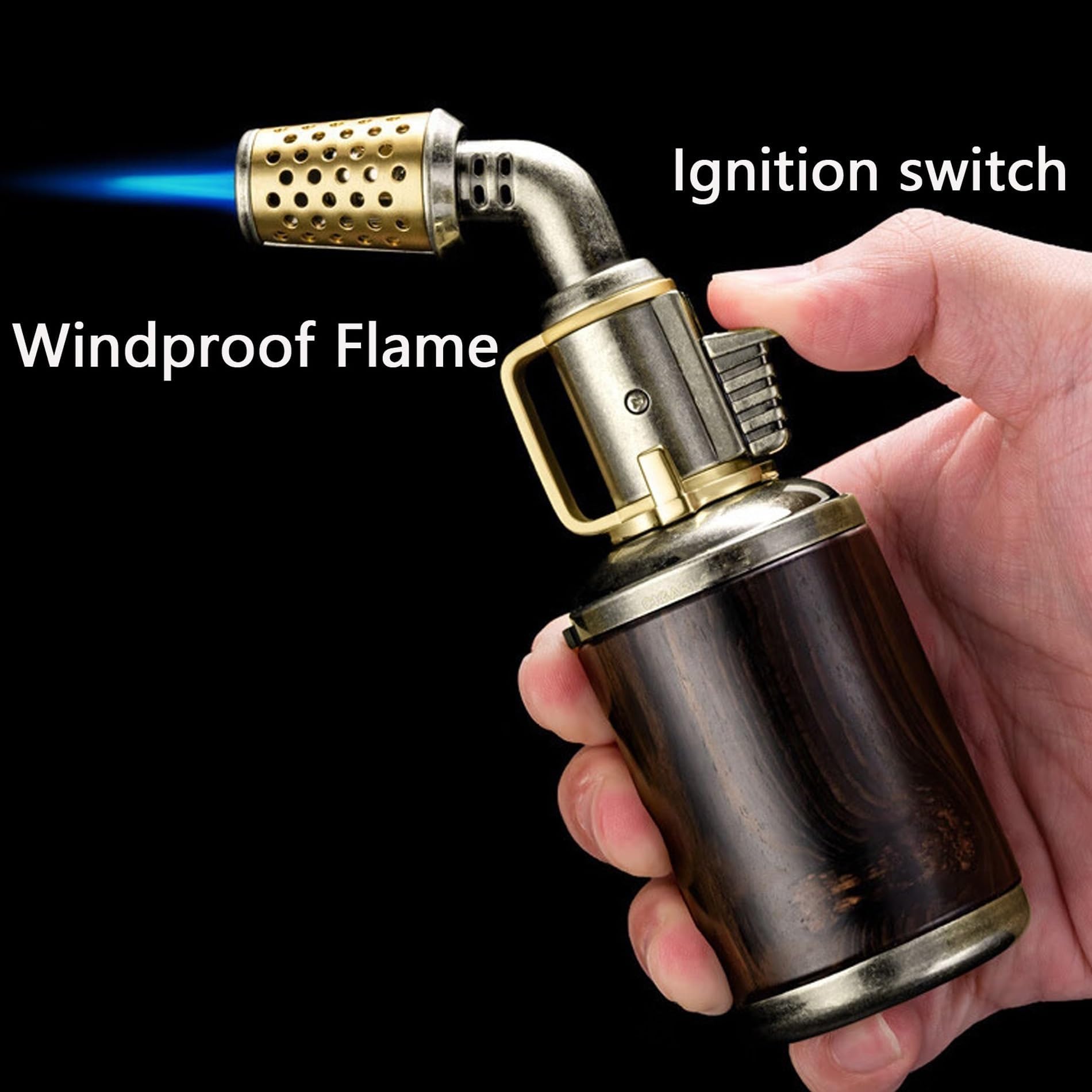 Encendedor de antorcha de butano recargable, llama de chorro resistente al viento, diseño de metal portátil con bloqueo de seguridad y bloqueo de llama para aventuras de camping y senderismo