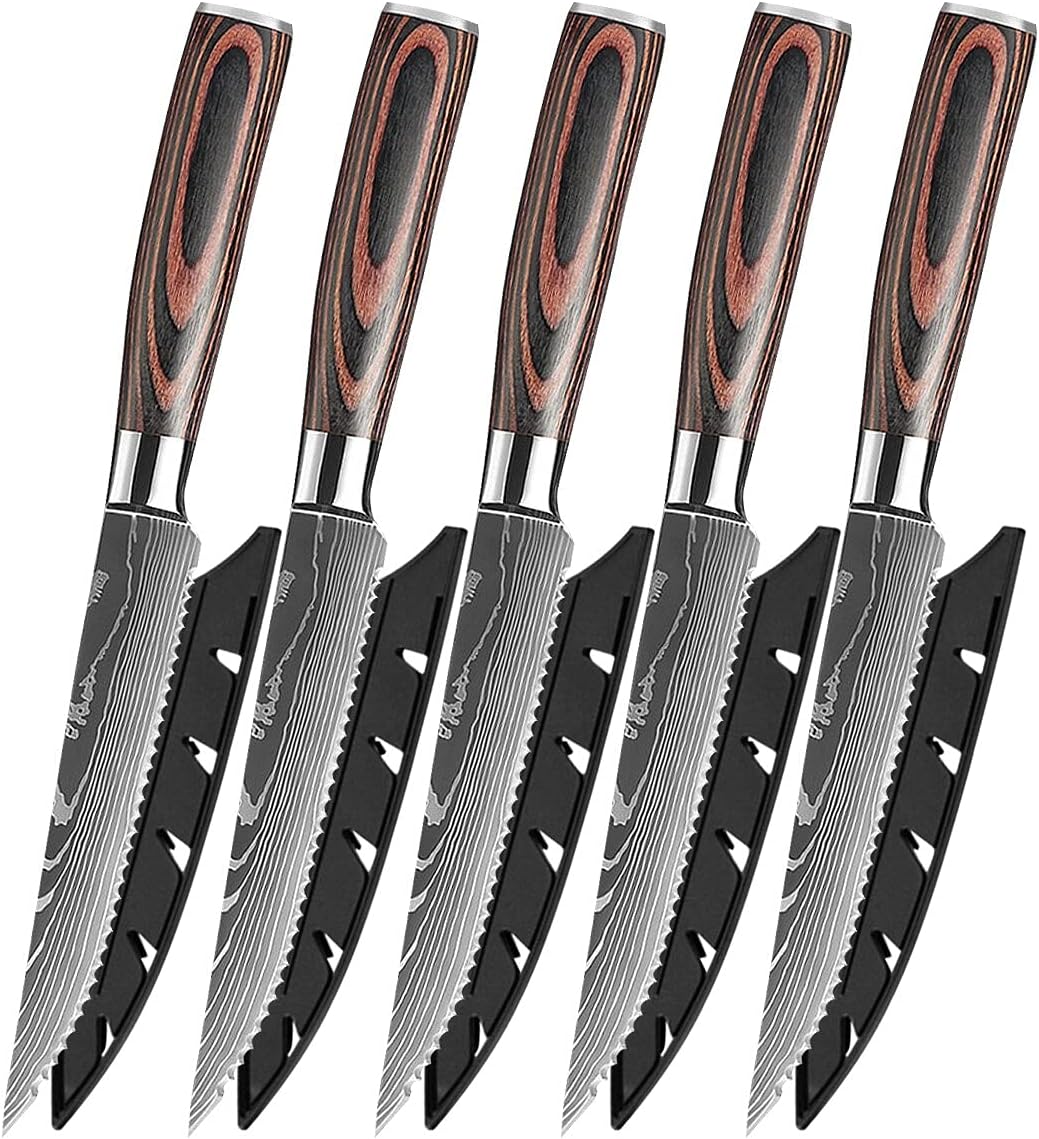 Steak Knife Set, Stainless Steel Serrated Steak Knife Sharp Blade Damascus Pattern Stainless Steel Serrated Knife Steak Knife BY KKZY (Color : 5pcs)