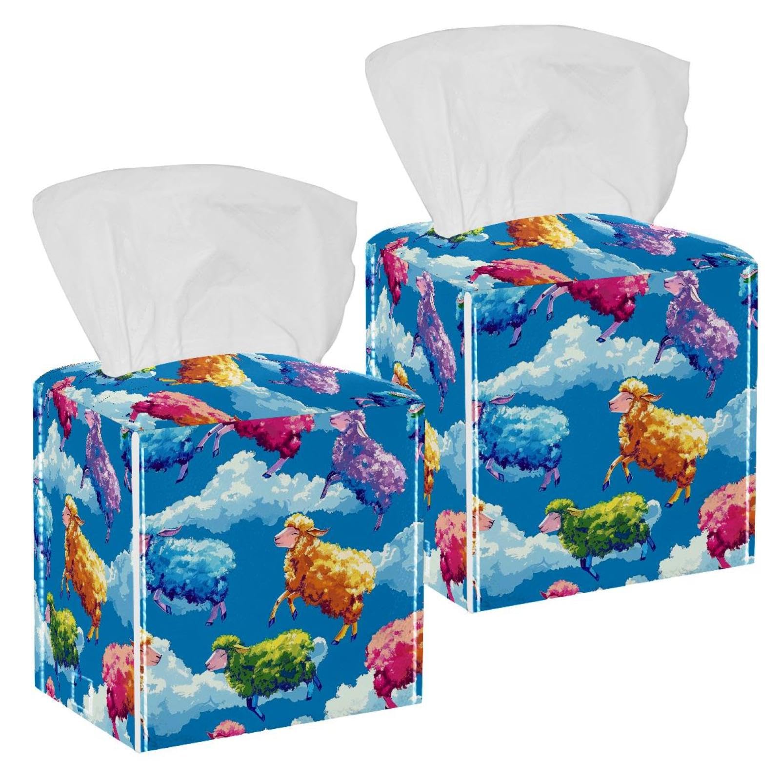 Colorful Sky Sheep Tissue Box Cover, 2 Pack PU Leather Square Facial Tissue Dispenser Box holder for Home Office Car