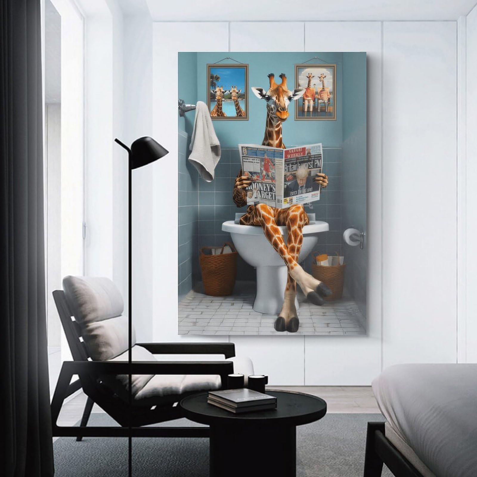 Junmoney Unframe-Style-22 Giraffe Reading Newspaper In Bathroom Hanging Wall Art, 20X30inch(50X75cm), For Bedroom Decor, Cosy Corners Or Studios, An Easy Wall Refresh For Bedrooms