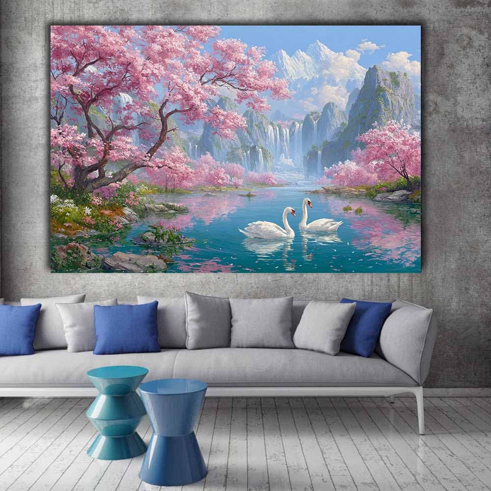 ZAMAEIU Impression sur Toile Paysage Oies du lac au printemps tableaux, arts décoratifs, Convient pour le salon, la salle de bain Décoration murale, etc.(rose)-70x100cm Encadrée