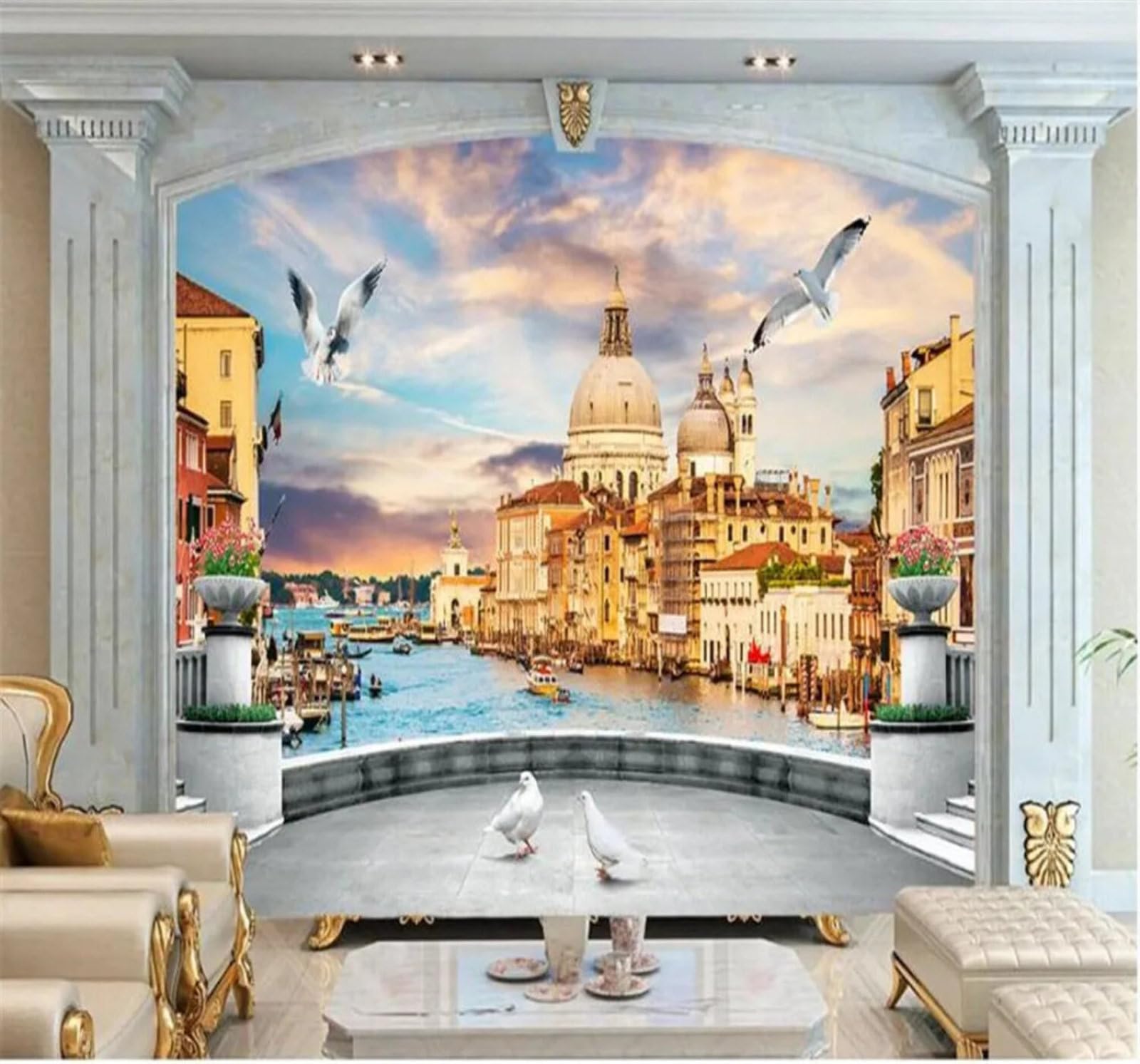 Tzxztt Aesthetic Three Dimensional Architecture Rivers Birds Modern 3D Wallpaper Premium Textured Silk Neutral Tones Material Ideal for Living Room Bedroom-350cm×256cm