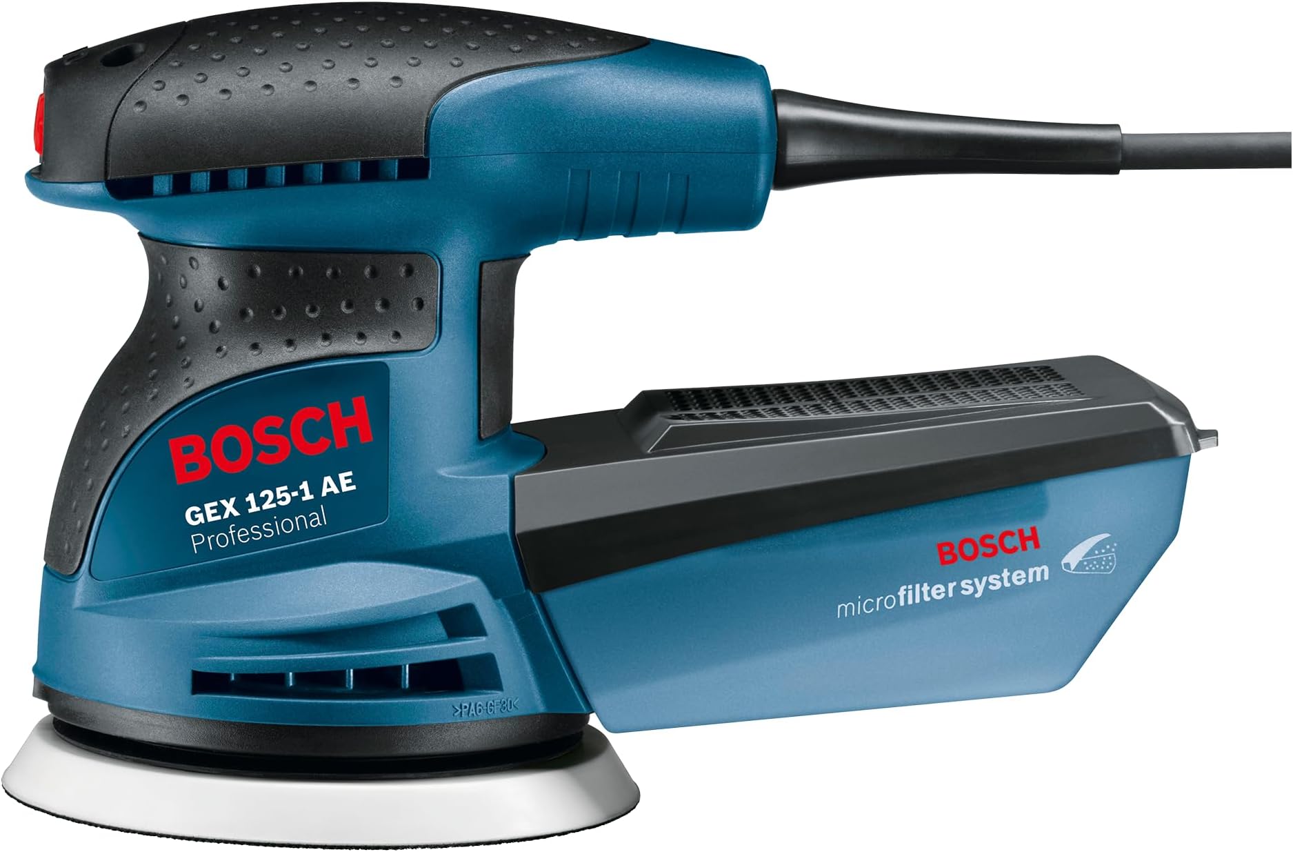 GEX 125-1 AE Heavy Duty Electric Random Orbit Sander, 250W, 12,000 rpm, 24,000 opm, 125 mm Pad Dia., Hook-and-Loop Fastening,1.3 kg + Microfilter box & Bosch Sanding Disc, 1 Year Warranty