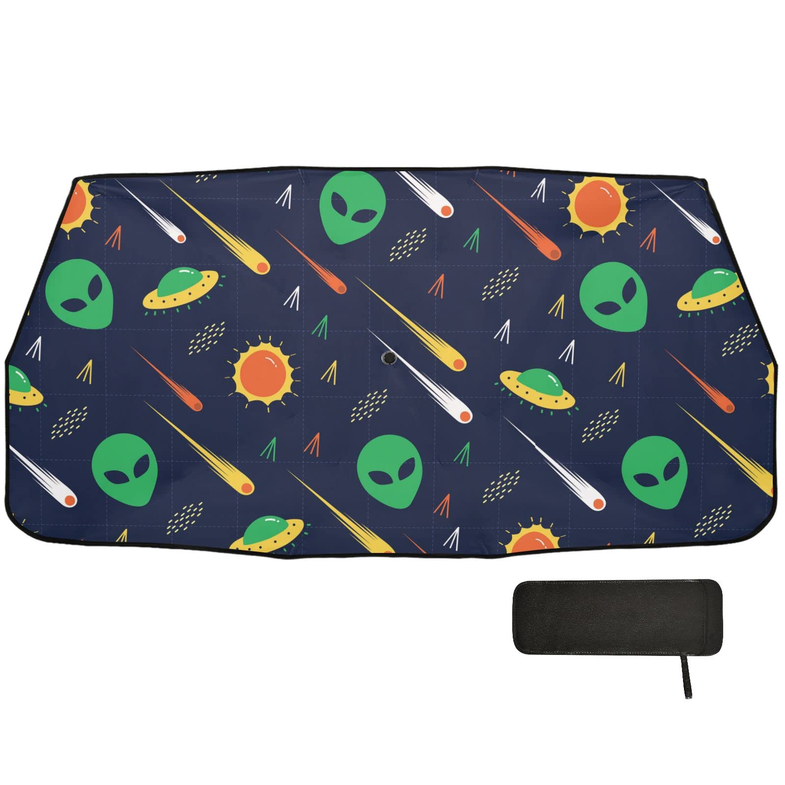Green Alien, Comet, Star, Sun, Wars on Dark Auto Car Windshield Sun Shade Umbrella, Block UV Rays Protection Automobile Foldable Sun Visor Protector Sunshade 58x29.7 Inch