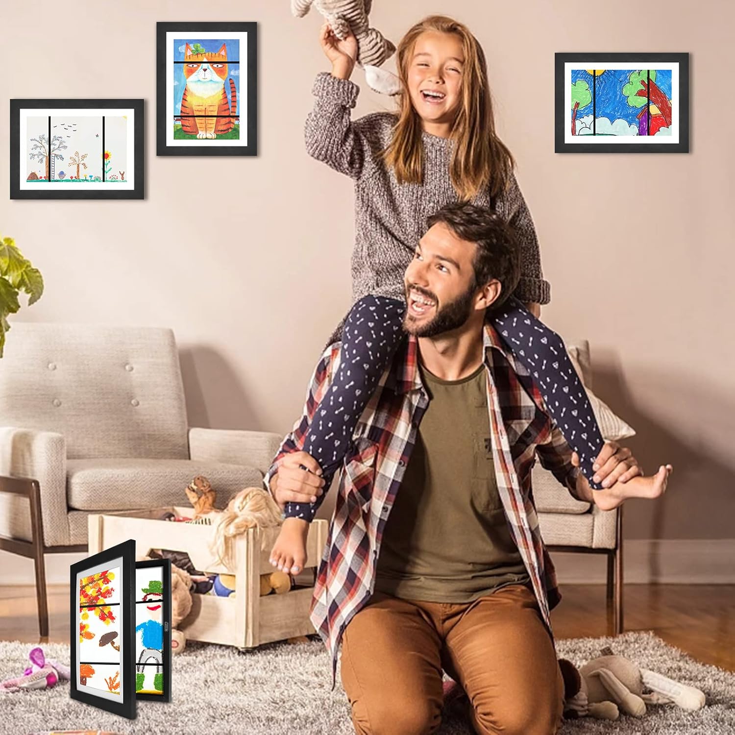 2Pck Kids Art Frame,Picture Frames Collage Wall Decor,8.3 x 11.8 Kids Artwork Frames Changeable,Kids Art Frames Front Opening Holds 50-150 （Black,A4）