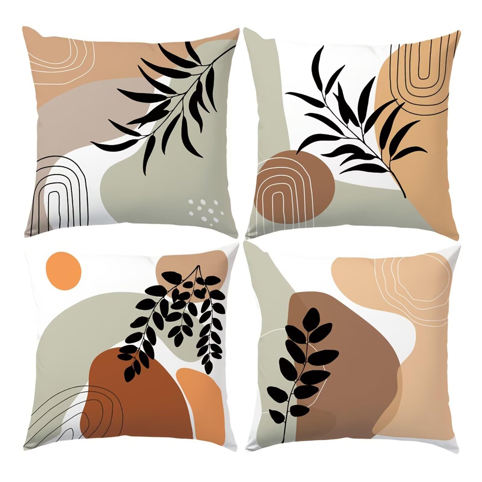 QiHon Cushion Covers 45x45 cm Set of 4 Brown Black Leaves Linen Square Pillow Cases 18x18 inch Modern Decorative Throw Pillow Covers for Sofa Couch Bedroom Home Office with Invisible Zipper