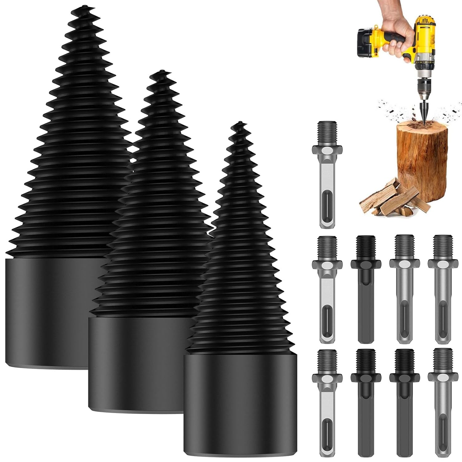 3Pcs Firewood Log Splitter, 9pcs Drill Bit Easy Split Drill Bit Wood
