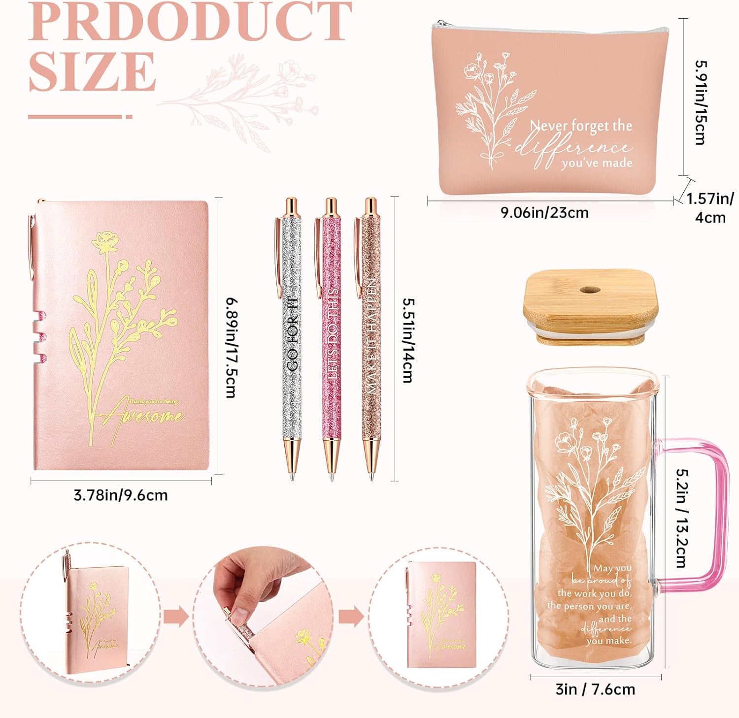 Abbylike 6 Pcs Employee Appreciation Gift Set for Women Team Coworker Staff Office Thank You Gift May You Be Proud 14oz Glass Tumbler with Handle Makeup Bag Journal Ballpoint for Boss Teacher(Pink) - Image 2