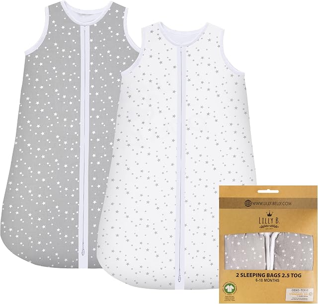 Lilly B. Baby Sleeping Bag 2.5 Tog 6-18 Months for All Seasons 100% Organic Cotton Material Muslin Sleeping Bag 6-18 months Soft, Comfortable, & Breathable for your Baby (Unisex) (Stars)
