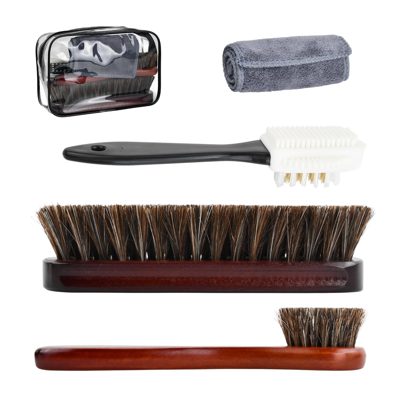 Kit d'Entretien Chaussures 5 Pièces avec Sac de Rangement - Crin de Cheval et Microfibre pour Cuir Lisse et Daim - Brosse à Lustrer et Brosse à Daim - Nettoyage Sans Rayures