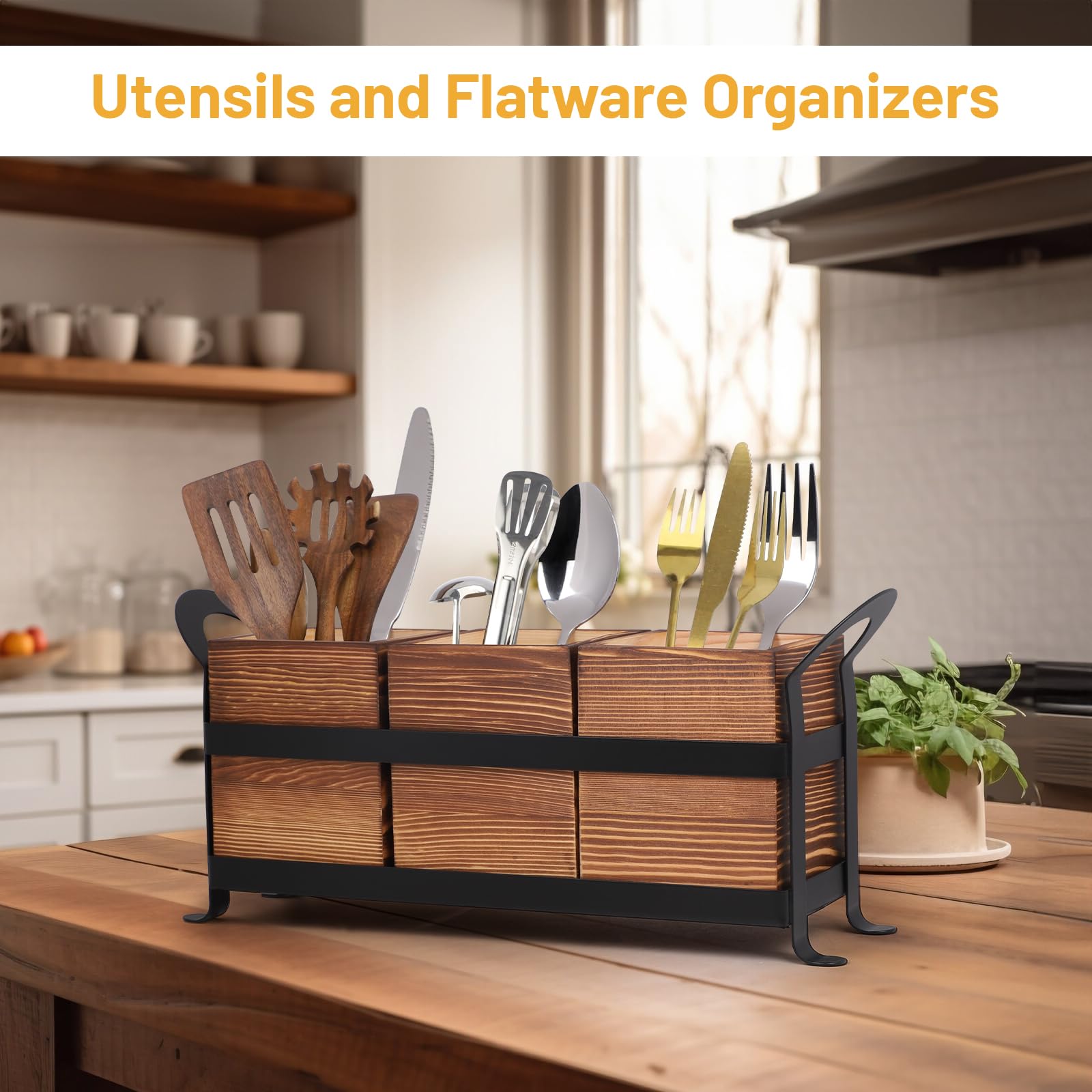 lalago 3-tlg. Besteckkasten Holz Metall, Besteckhalter Holz für Tisch, Holzbesteck Metallgestell, Besteckkorb Löffelhalter, Besteck Tisch Organizer, Besteckständer Esstischdeko für Küchentisch Braun