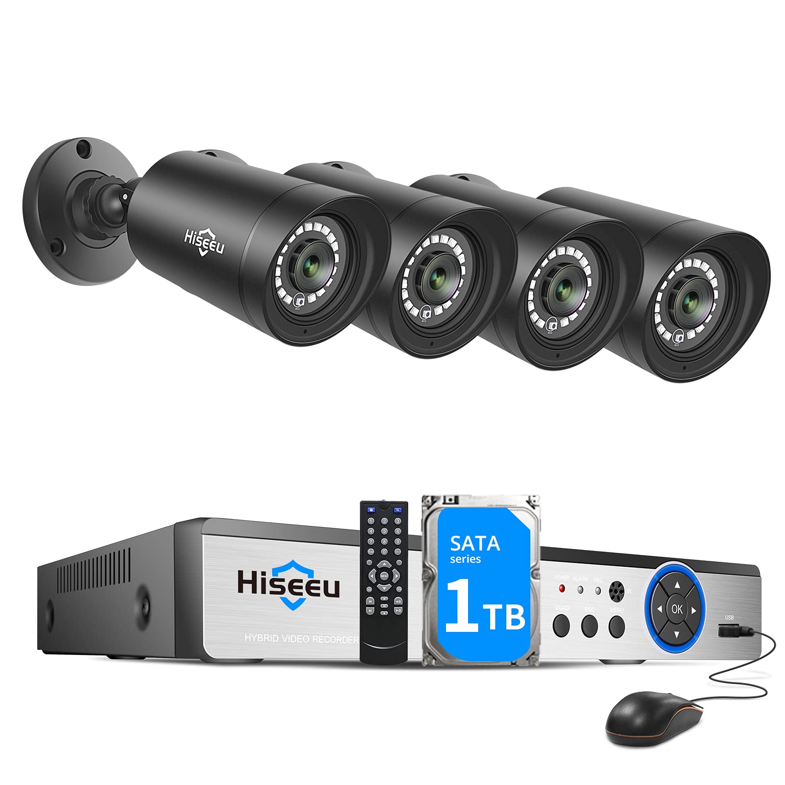 【H.265+】 Hiseeu Wired Security Camera System, 8CH 1080P Surveillance DVR with 4Pcs 1920TVL Indoor Outdoor Security Camera...
