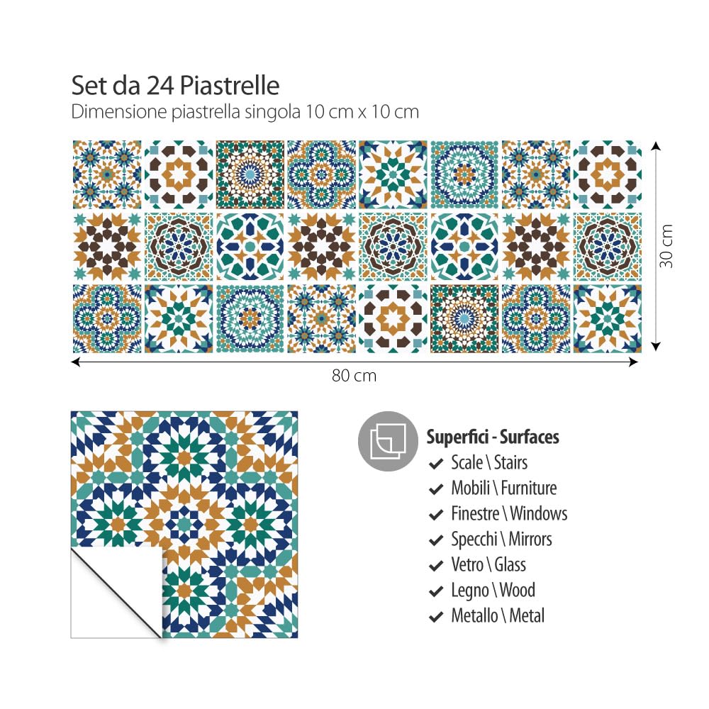 RE-COVERTILES - Adesivi per Piastrelle Bagno e Cucina 24 Pz 10x10 cm - PS00098 Decorazione murale in PVC Impermeabile mattonelle Mosaico Stile cementine Azulejos