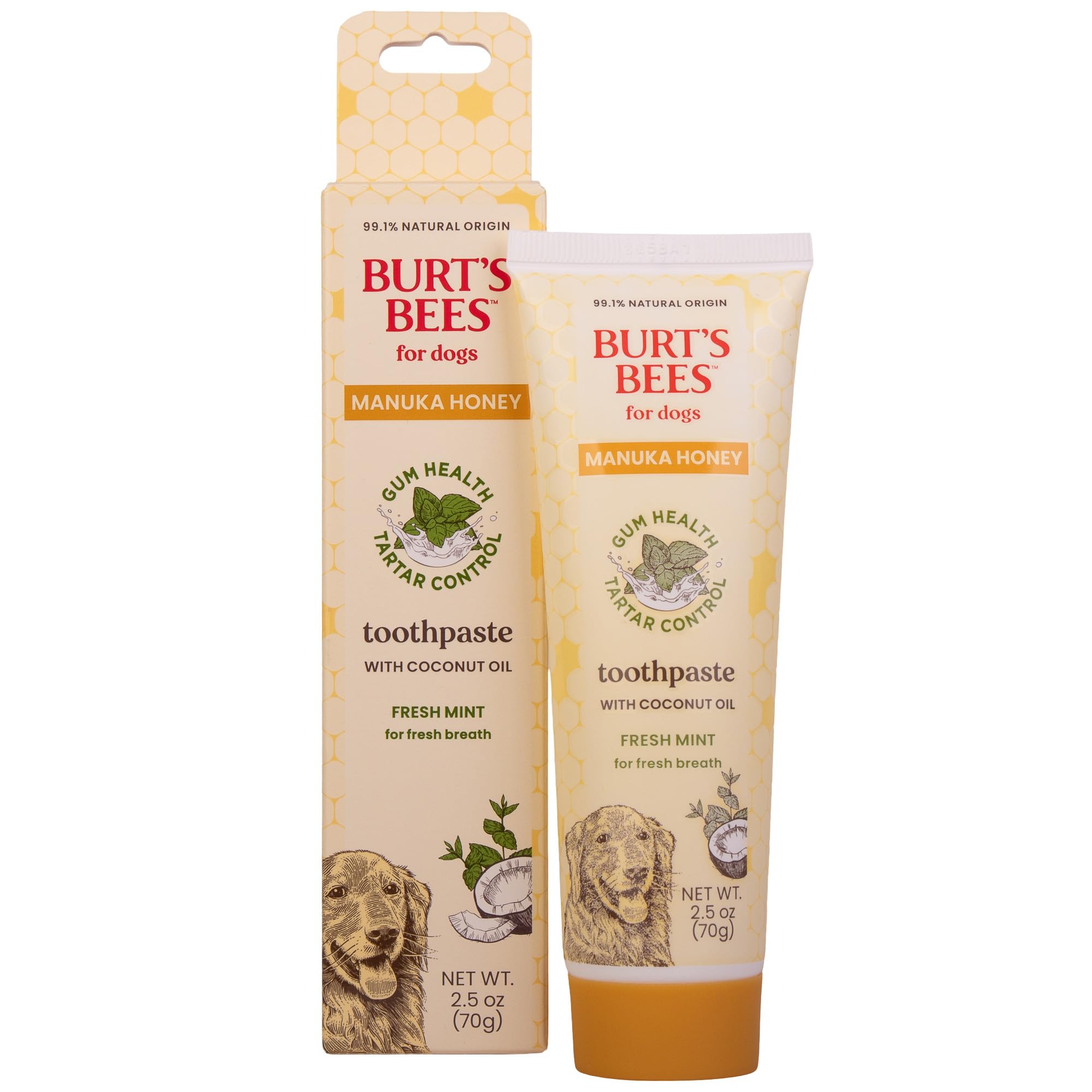 Burt's Bees for Pets Toothpaste for Dogs with Manuka Honey and Coconut Oil for Gum Health & Tartar Control, 99.1% Natural Origin Formula, Fresh Mint Flavor, 2.5 oz