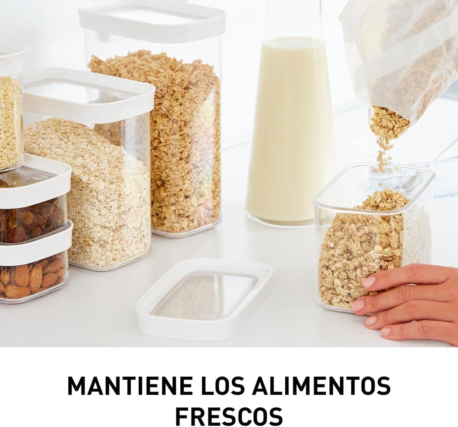Emsa Optima Dry Food - Set 5 Recipientes Herméticos de Plástico Rectangular, higiénico, fácil apilamiento, tapa cierre a presión y bordes antideslizantes, certificado "Baby Care", apto lavavajillas
