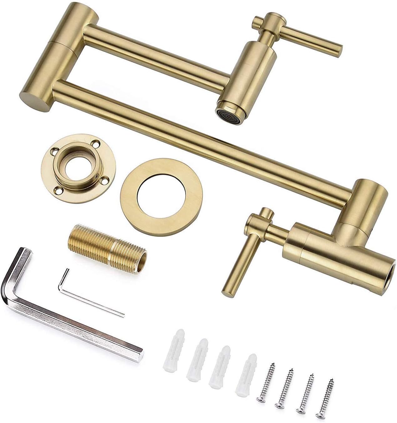Black Friday Clearance BZOOSIU Pot Filler Faucet Wall Mount, Double Joint Swing Arms Solid Brass Folding Faucet, Single Hole Two Handles Wall Mount Kitchen Faucet, Brushed Gold