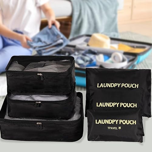 Juego de 6 cubos organizadores de equipaje para accesorios de viaje, organizadores de maleta, artículos esenciales de viaje (negro)