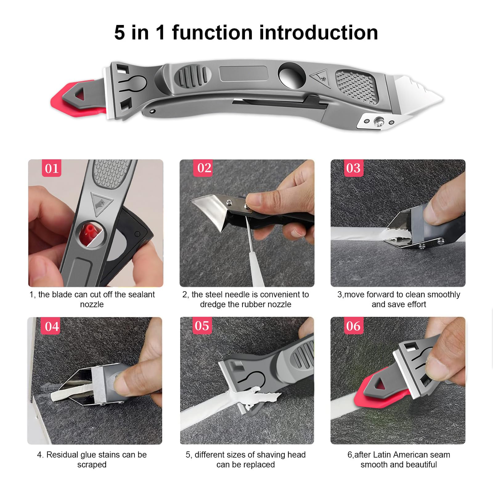 Strumento Calafataggio 5-in-1 - Per Rimuovere E Applicare Silicone, Con 6 Cuscinetti Intercambiabili, Spatola E Raschietto - Foto 4