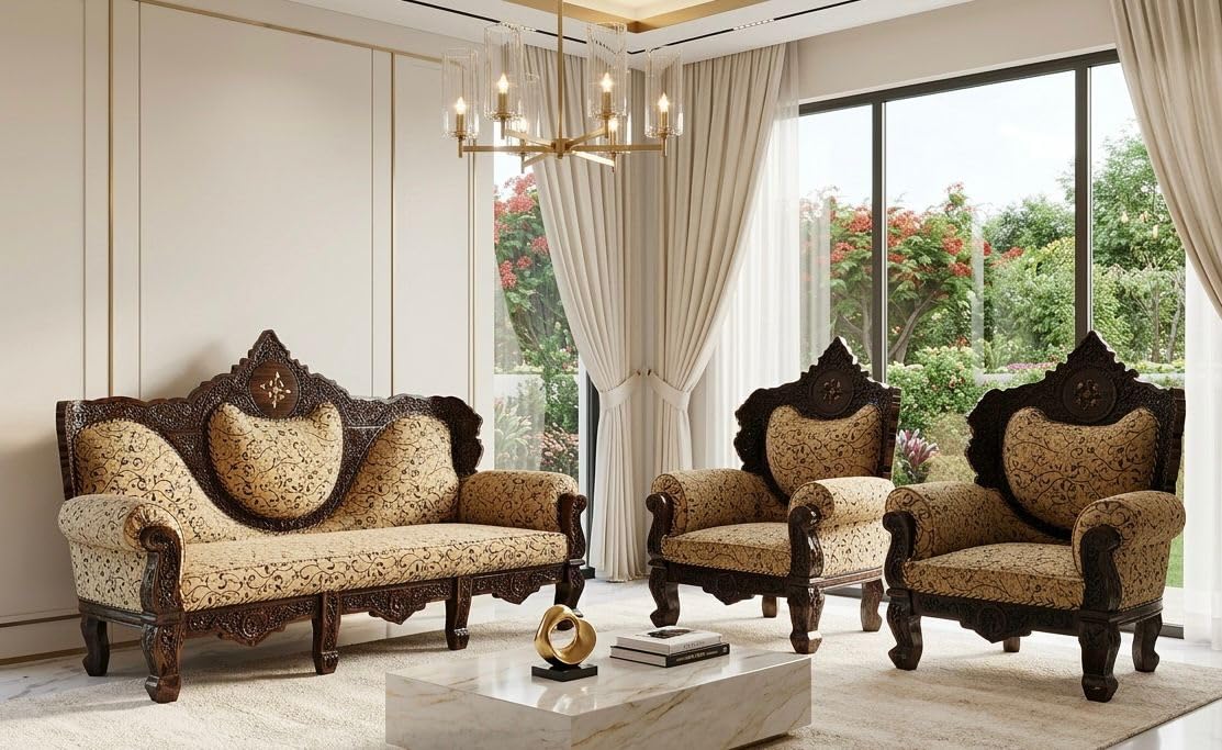 Wood 5 Seater Sofa Set for Living Room | Handcrafted 3+1+1 Solid Wooden Sofa with Royal Hand Carving | Traditional & Contemporary Design | Furniture for Home-image-44