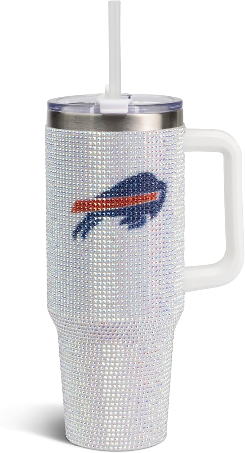 The Memory Company Officially Licensed NFL 40oz Stainless Steel Tumbler - Double Wall Insulated Travel Cup with Handle and Straw Lid - Crystal Rhinestone Design