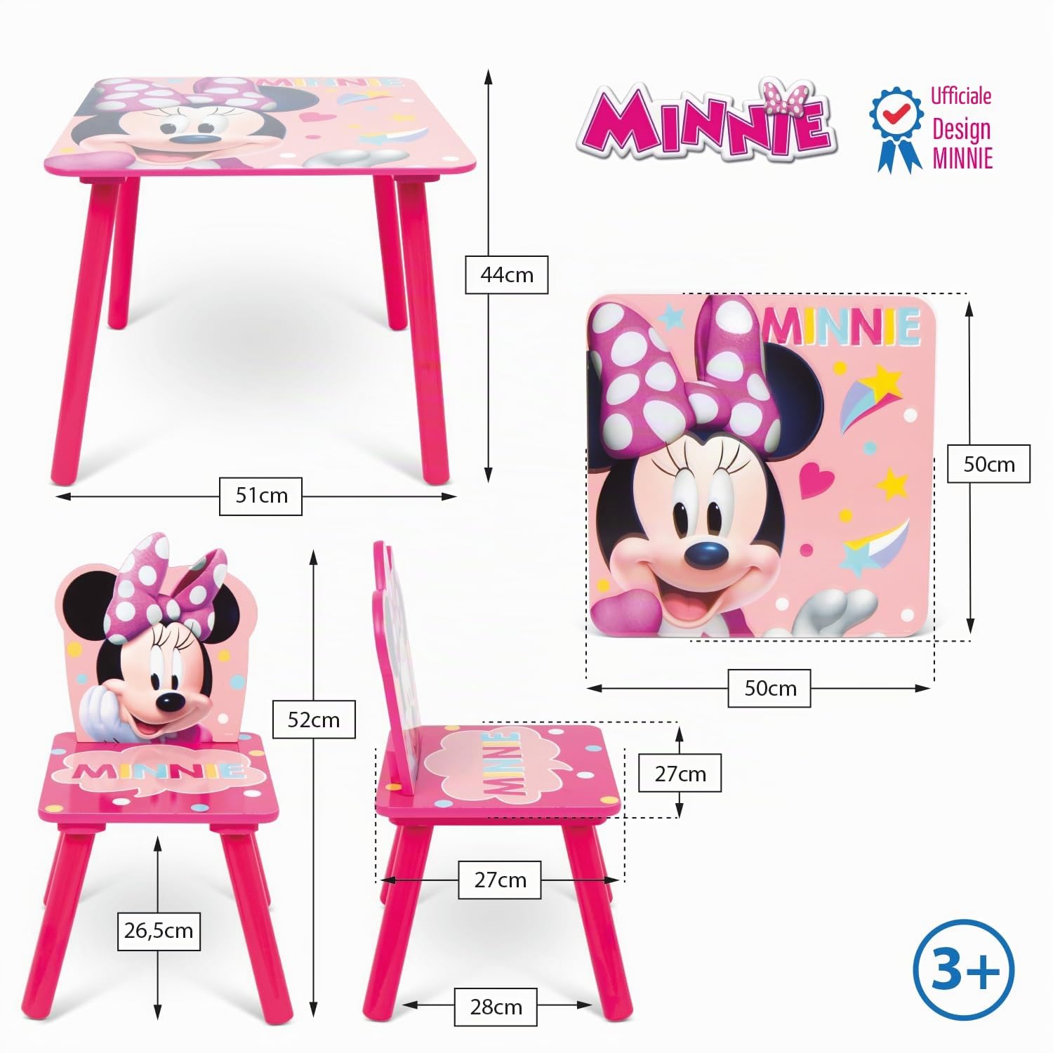 ARDITEX - Set Tavolo e 2 Sedie in Legno per Bambini - 50x50x44 cm e 26,5x26,5x50 cm - Ideale per giocare, disegnare e fare lavoretti - Licenza Ufficiale Topolina