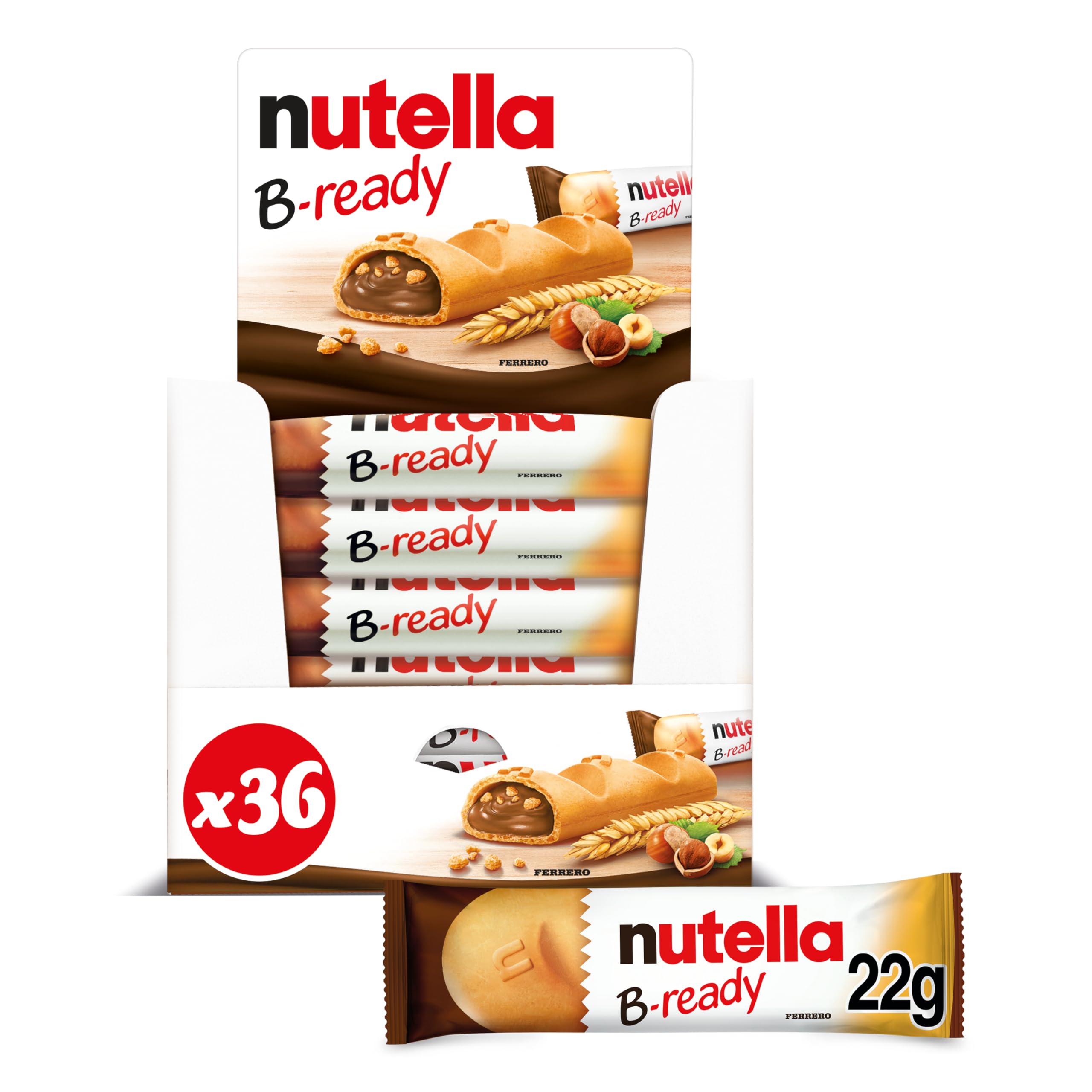 B-Ready Hazelnut Biscuit Snack Bars, Bulk Chocolate Gift, Wafer Filled with Hazelnut Spread and Cocoa, Pack of 36 x 22g