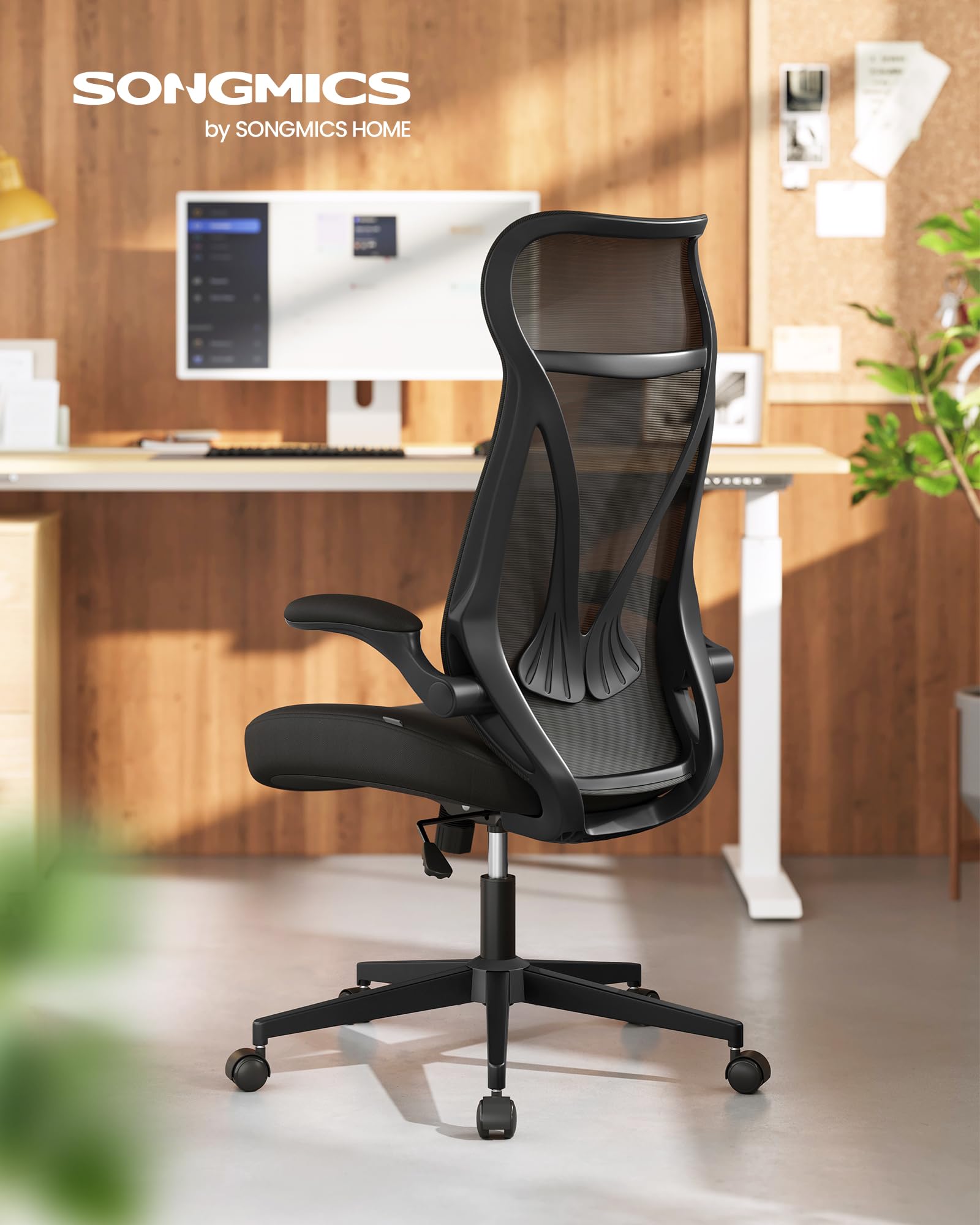 SONGMICS Sedia da Ufficio, Sedia da Scrivania, Schienale Ergonomico, Altezza Regolabile, Braccioli Ribaltabili, Poltrona Girevole con Poggiatesta, Portata 150 kg, Nero Inchiostro OBN088B01
