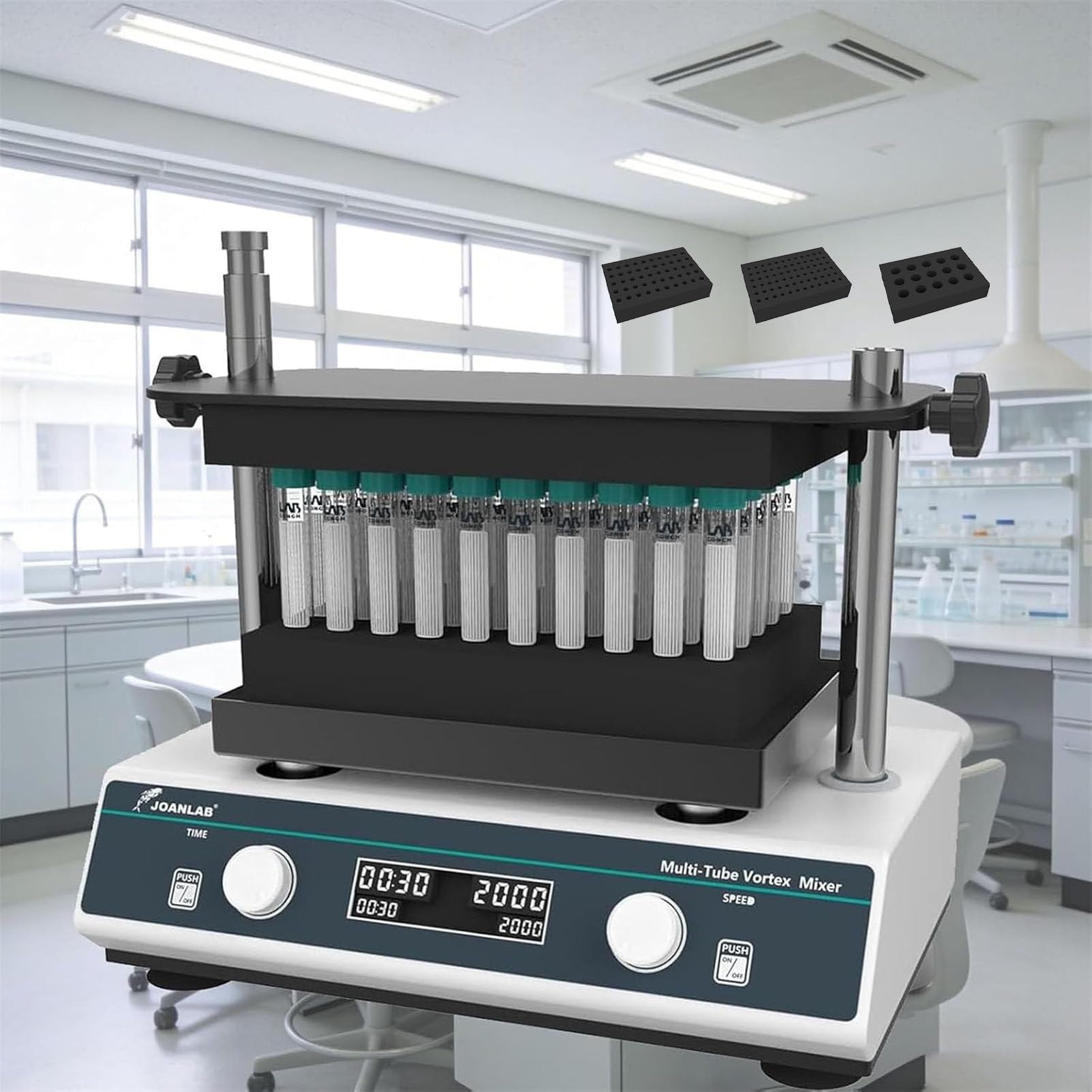 PioMue Vortex Shaker, Lab Multi-Tube Vortexer Mixer,Adjustable Speed 500–3000 rpm, 4 mm Horizontal Swing,Compatible with 1.5 ml to 50 ml Test Tubes for Liquid Mixtures