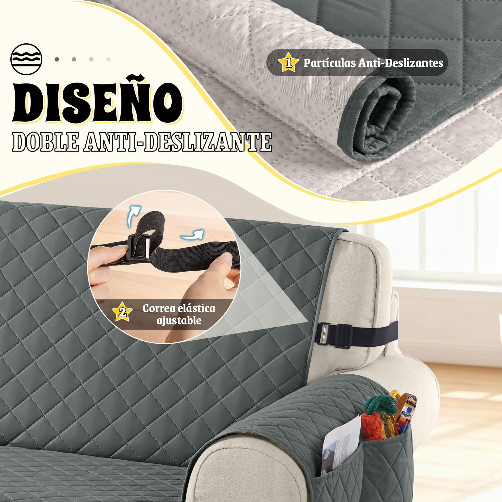 TAOCOCO Funda de sofá 3 plazas, Impermeable, con Banda elástica, para salón, Antideslizante, Acolchada, protección para Mascotas, Gatos, Perros, niños Jugando (Gris Oscuro)