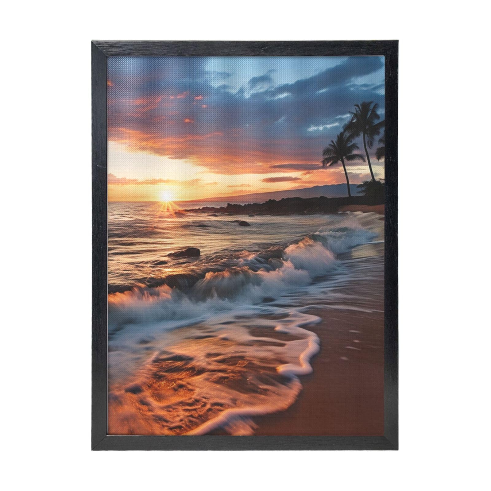 Framed Wall Art - Decorative Canvas Painting Beach Maui Hawaii Sunset Sea Waves Clouds Pictures Poster Aesthetic Modern Prints Artwork for Bedroom Office Wall Decor Ready To Hang 12x16 in