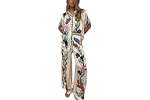 Casual Floral Print 2 Piece Women Short Sleeve Button Lapel Shirt Wide Leg Pants