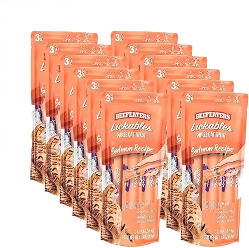 Beefeaters Golosinas para gatos Receta de salmón puré lamible de 1.59 onzas, caja de 12 Comida real para gatos Salmón Treat Sin maízsojatrigo,