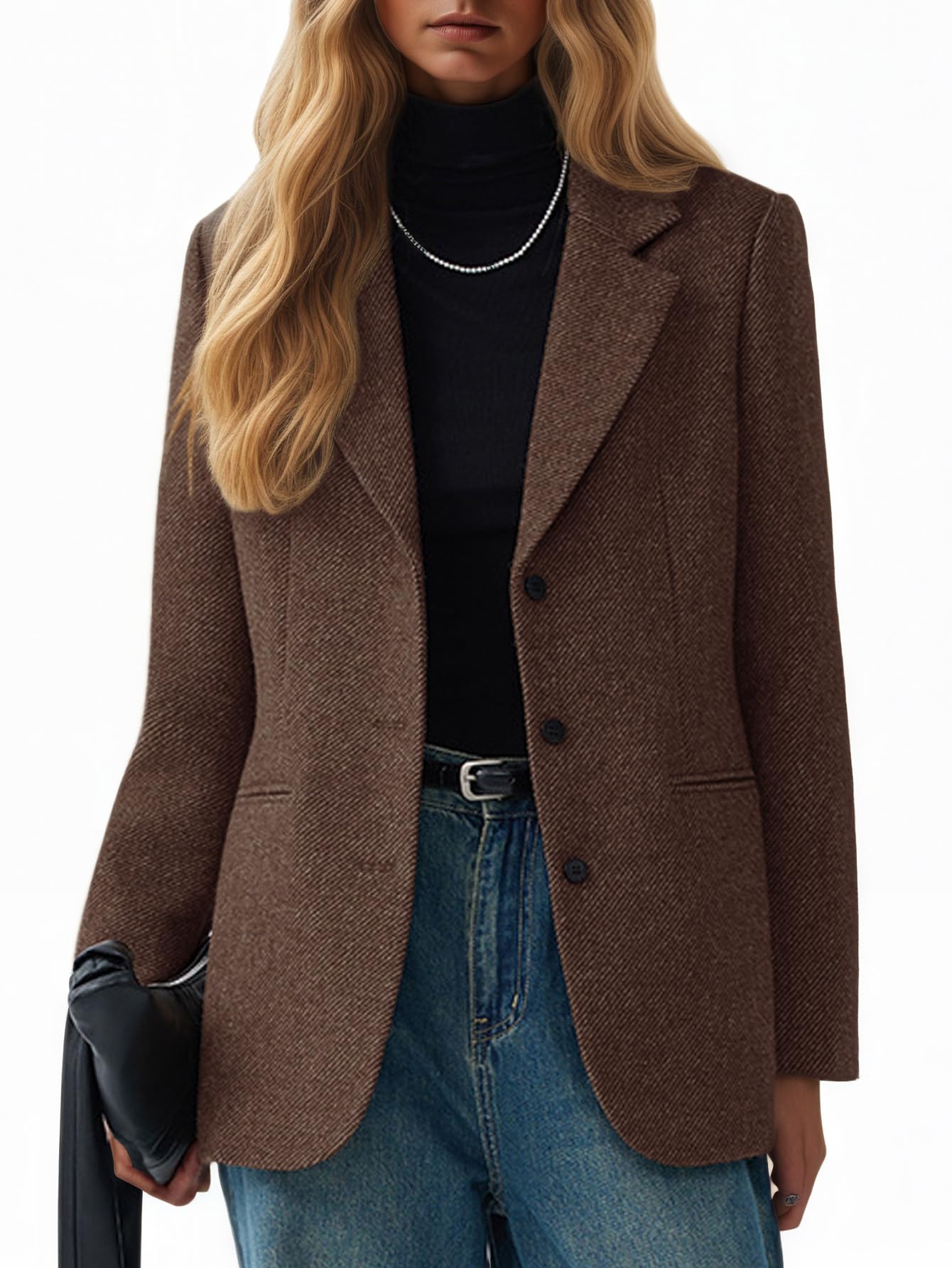 Mina Self 2025 Winter Women Herringbone Tweed Wool Blazer-Lapel Collar Business Casual Long Sleeve Office Jacket with Pockets