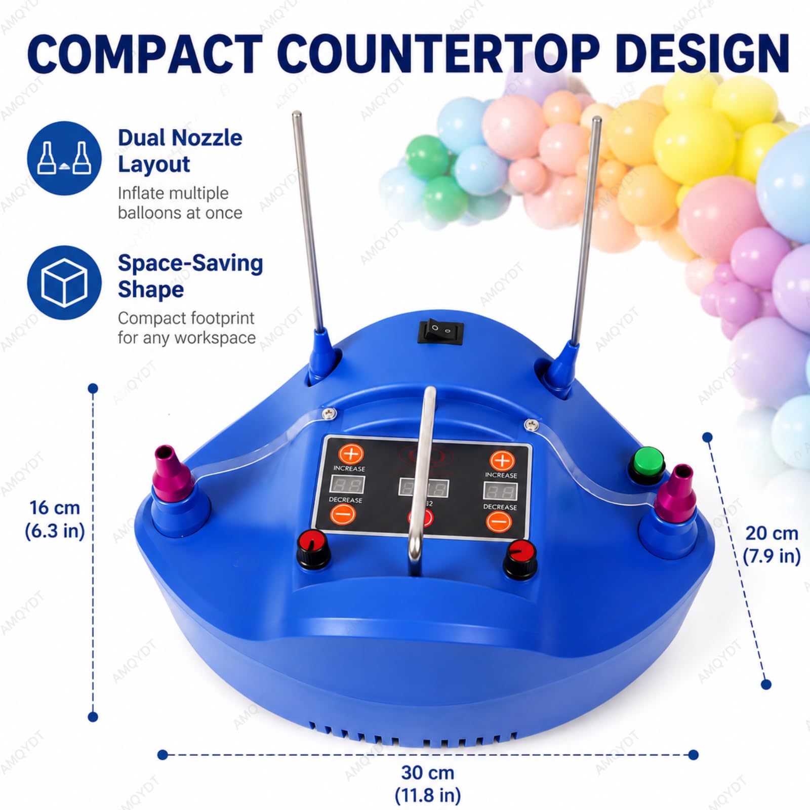 Pompa Elettrica per Palloncini, Gonfiatore per Palloncini, Pompa Ad Aria Elettrica A Doppio Ugello con Timer Digitale, Gonfiaggio A Doppio Ugello per Feste, Matrimoni Ed Eventi Blue