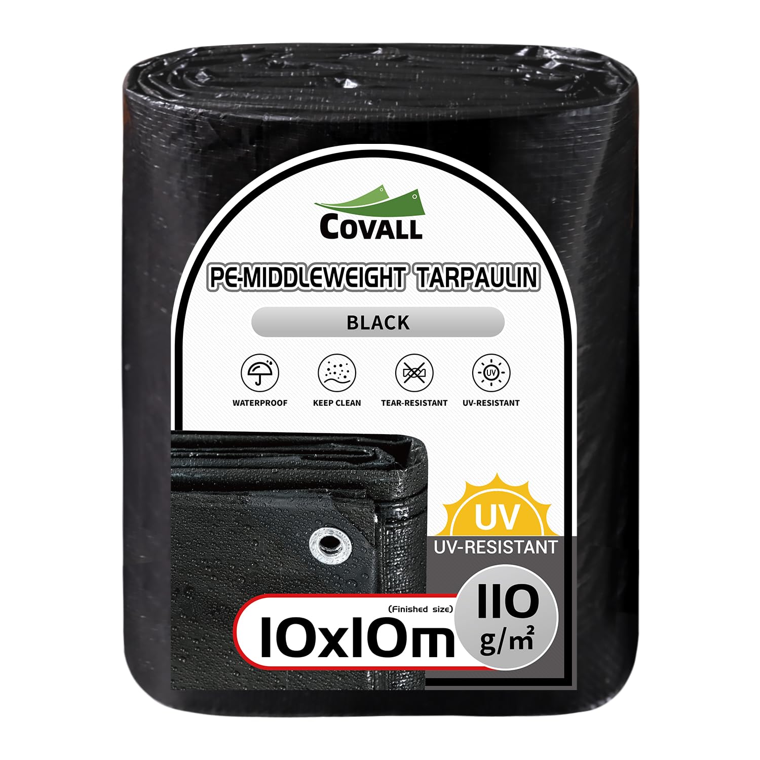 COVALL Tarpaulin 10x10m Medium-Duty Tarp 110GSM waterproof Groundsheet for camping UV-Resistant Tent outdoor covers Pool Roof Sandbox Boats Truck RV Car tarp (Black) — image 1