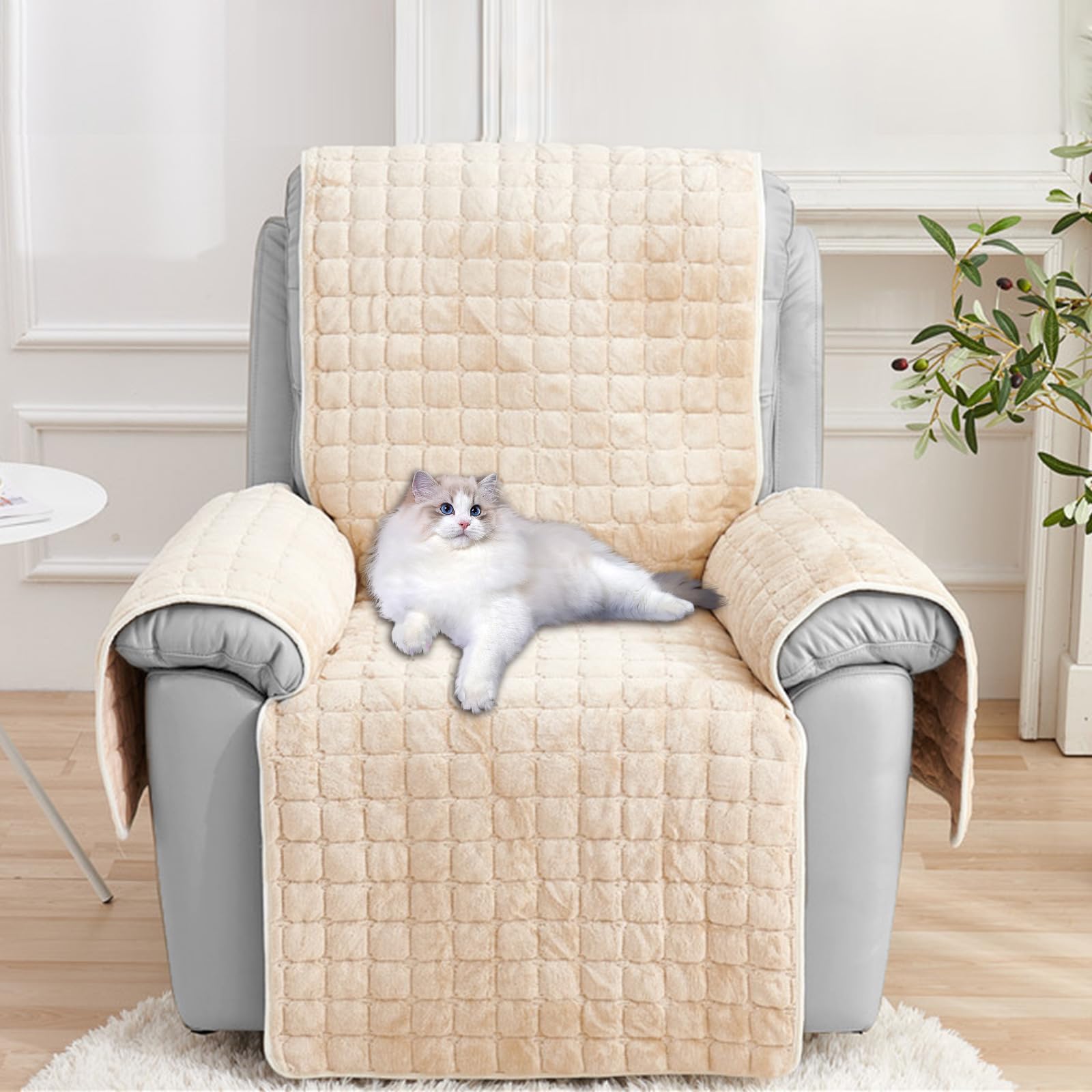 Recliner Chair Covers with Pockets - Soft Washable Waterproof Armchair Slipcovers with Adjustable Straps Buckles, Furniture Protector for Pets & Kids Reclining Chair and Electric Chair Cover (Beige)
