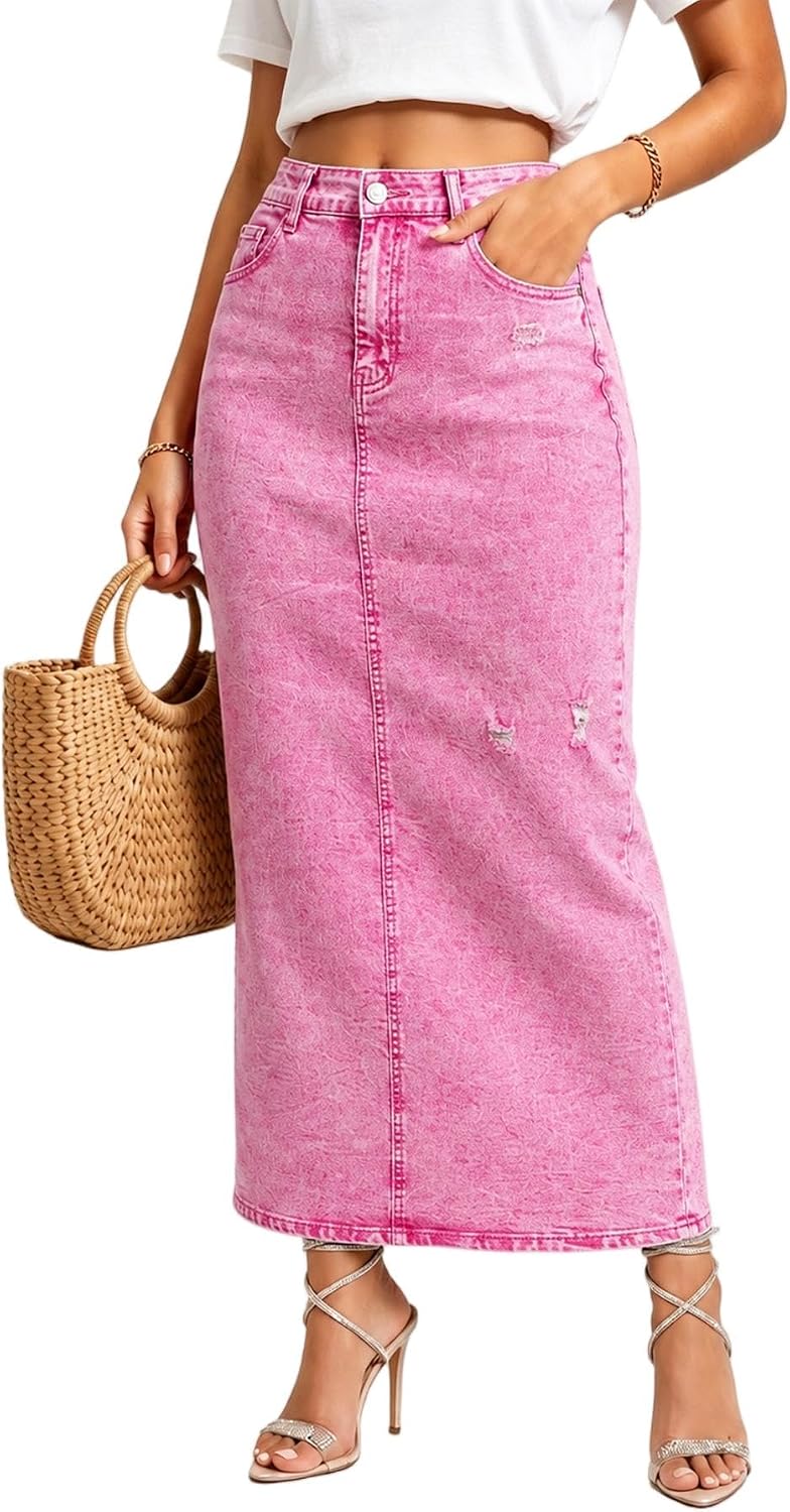 Women's High Waisted Long Denim Skirt with Back Slit Distressed Holes Stretch Whisker Wash