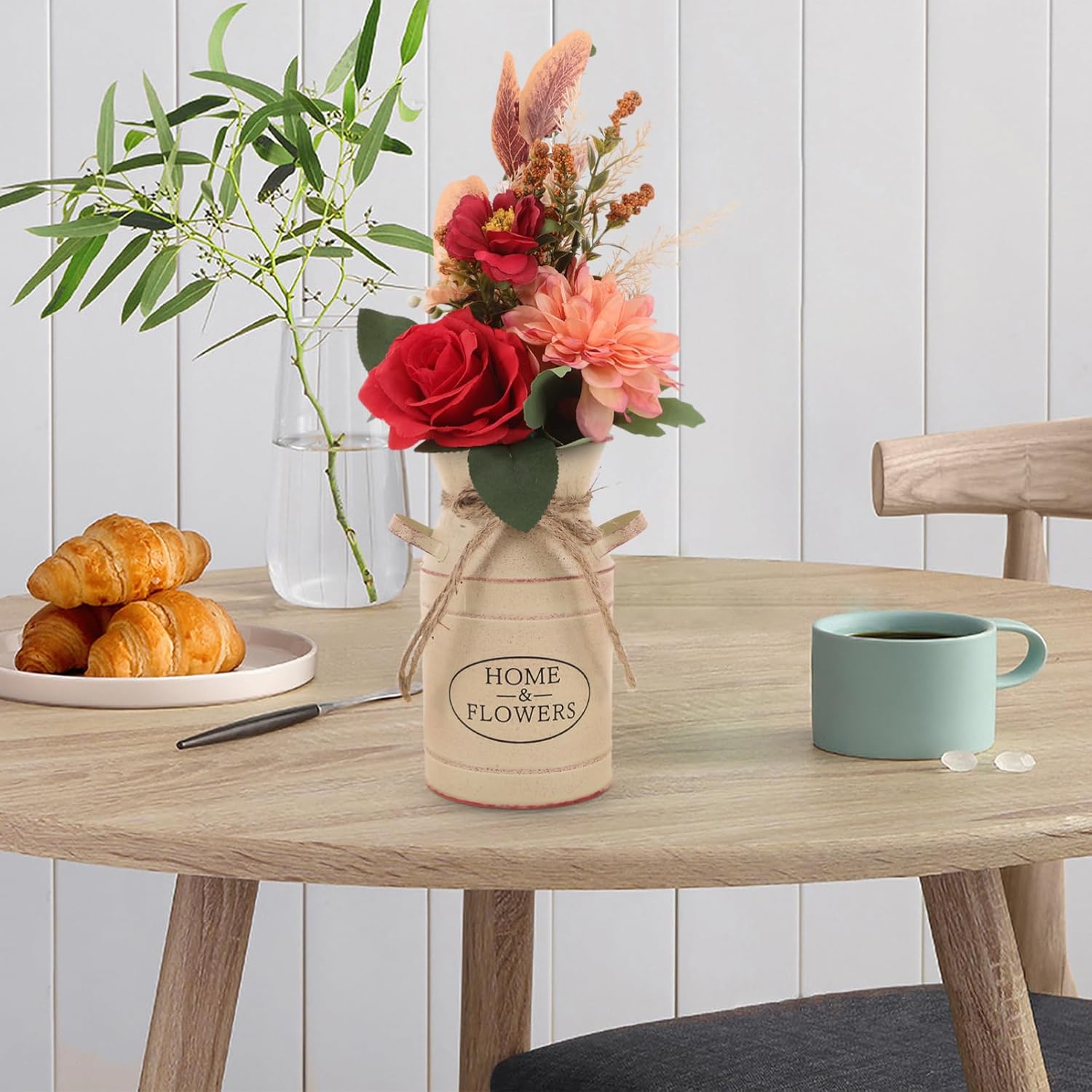 Metal Bucket Retro Flower Pot Milk Jug Beige Iron Decorative Vase for Flowers Vintage Style Farmhouse Decor 7.48 X 4.72 X 3.93 Inch - Image 5