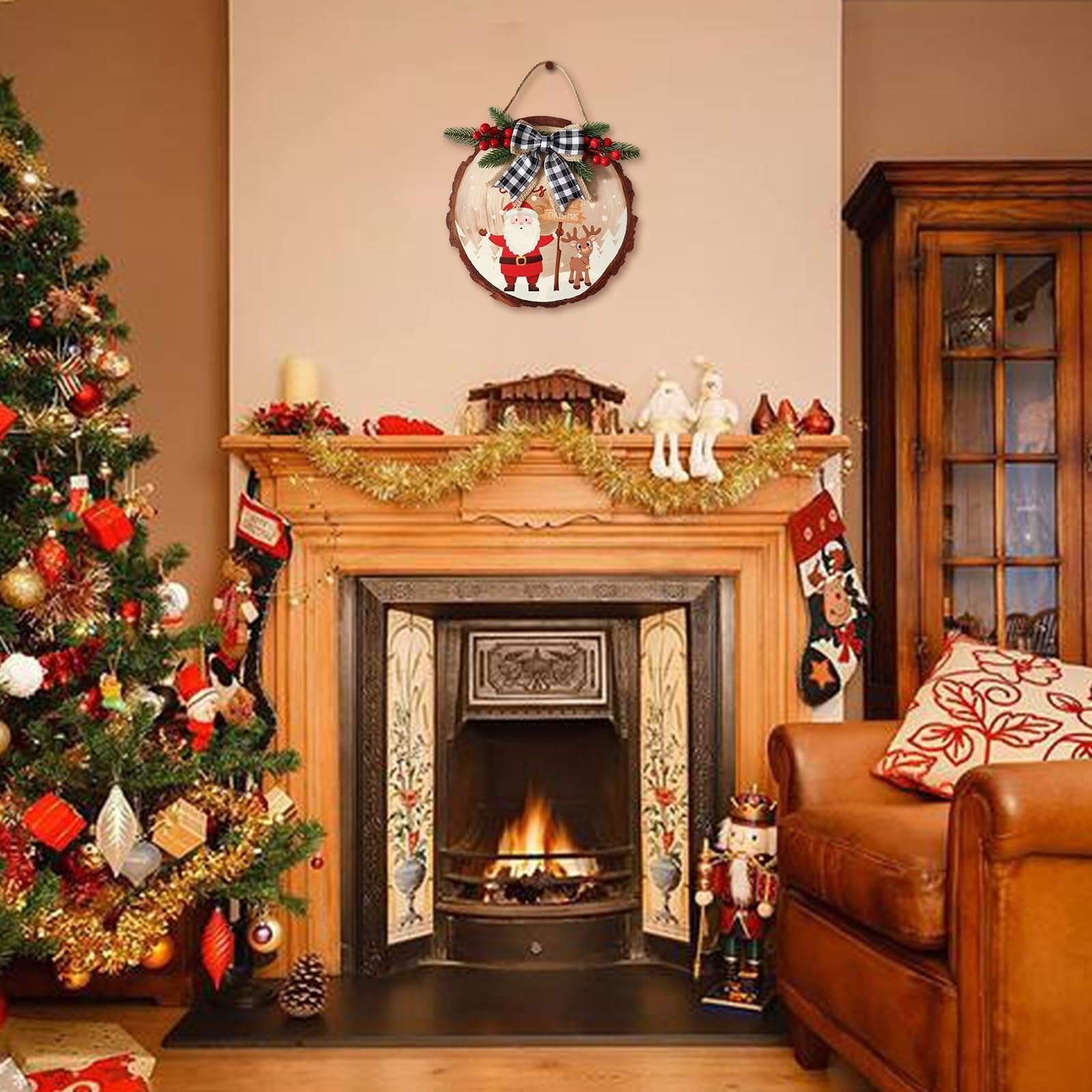 Corona De Navidad para Puerta Letrero De Madera For Puerta Colgante De Navidad, Letrero De Madera Interior Decorativo Redondo Artificial Guirnalda