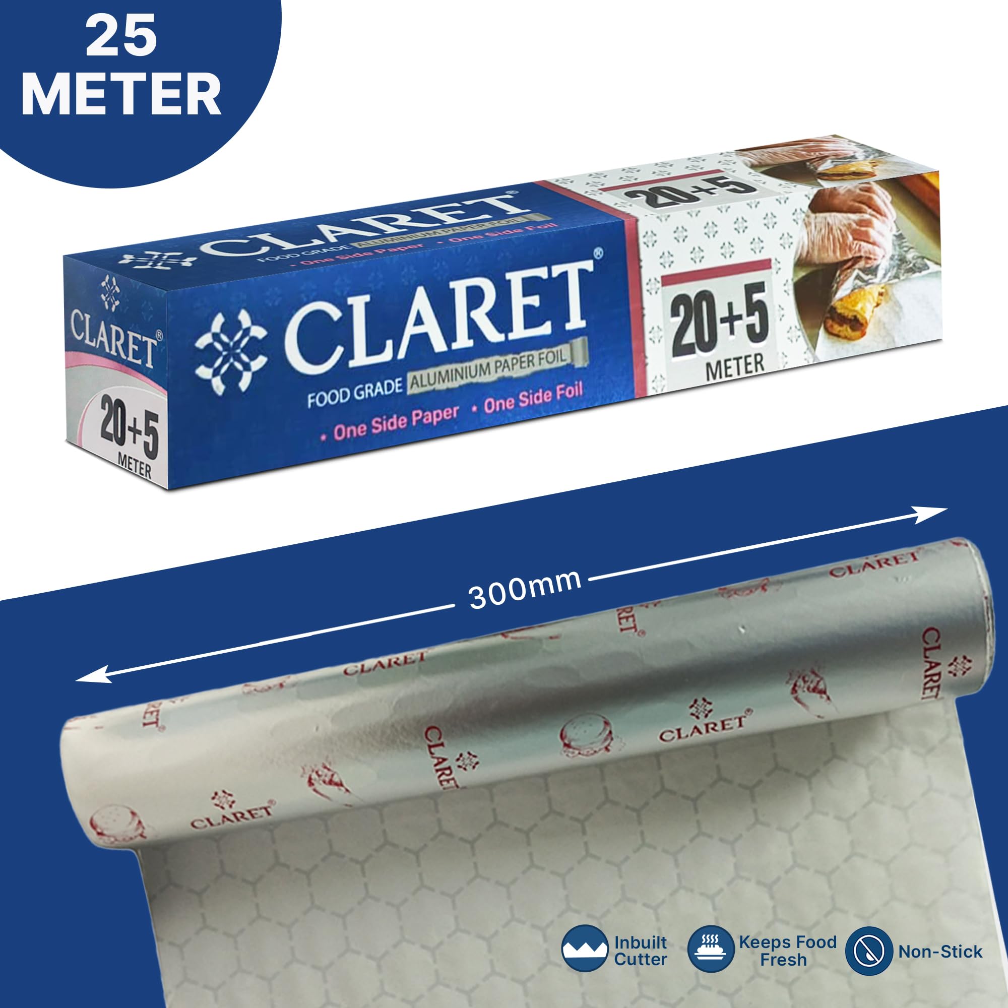 Claret 2 in 1 Aluminium Foil & Paper Roll for Food Wrapping | Wrap Roti & Fresh Kitchen Food Essential | Keep Food Warm | Non Stick | 20+5 M Length | Pack of 1 - Image 5 thumbnail