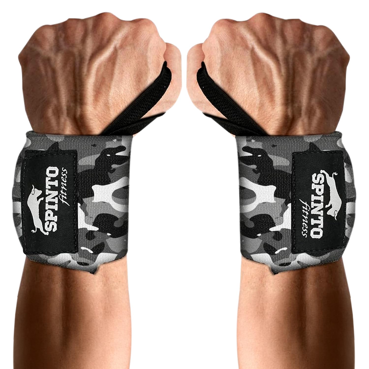Spinto Fitness 24 inch Wrist Wraps for Weightlifting for Men and Women | USPA Approved Powerlifting Competition with Thumb Loop | Grip Strength Gym Accessories Wrist Support Brace 1 Pair (Grey Camo)