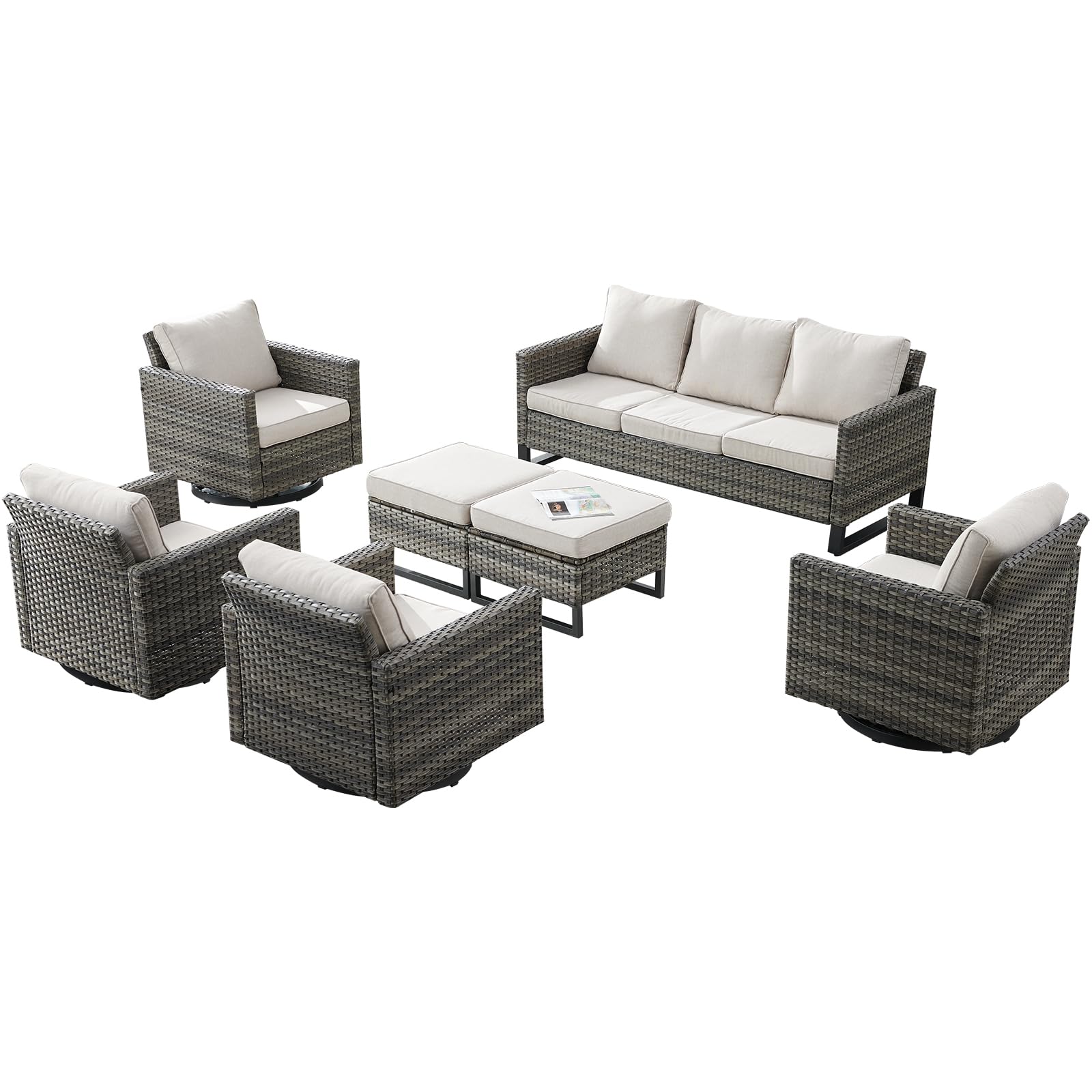 Rilyson Wicker Outdoor Patio Furniture Set - 7 Piece Patio Conversation Set with 4 Swivel Rocker Chairs,2 Rattan Ottoman and 1 Couch for Outside Porch