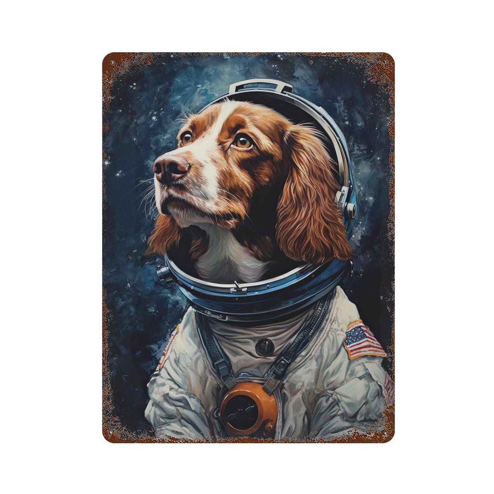 Brittany Spaniel Astronaut Weathered Tin Sign 15.7"x11.8", Ideal for Basement, Hobby Room And Garage Decor